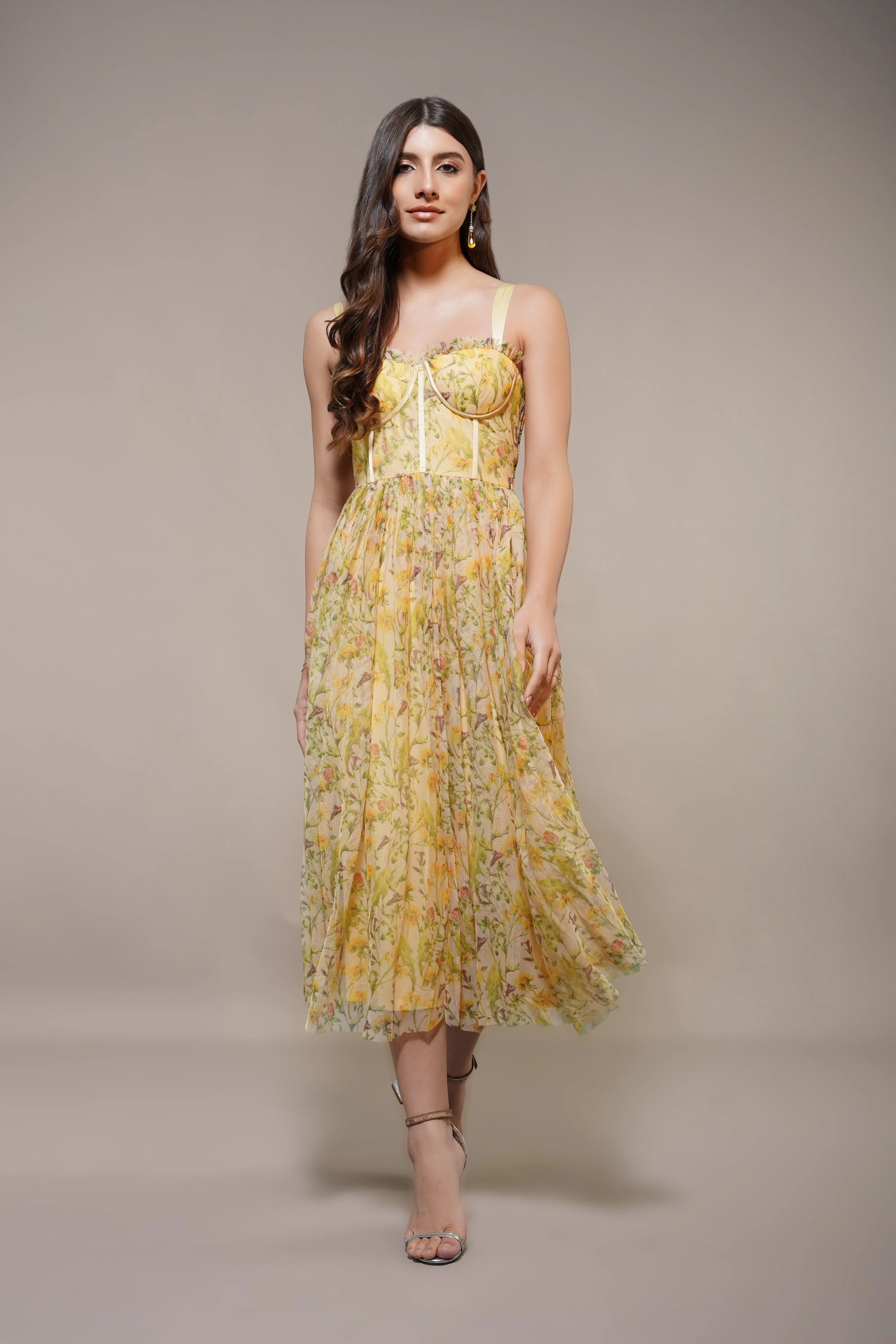 Dane Yellow Floral Corset Midi Dress