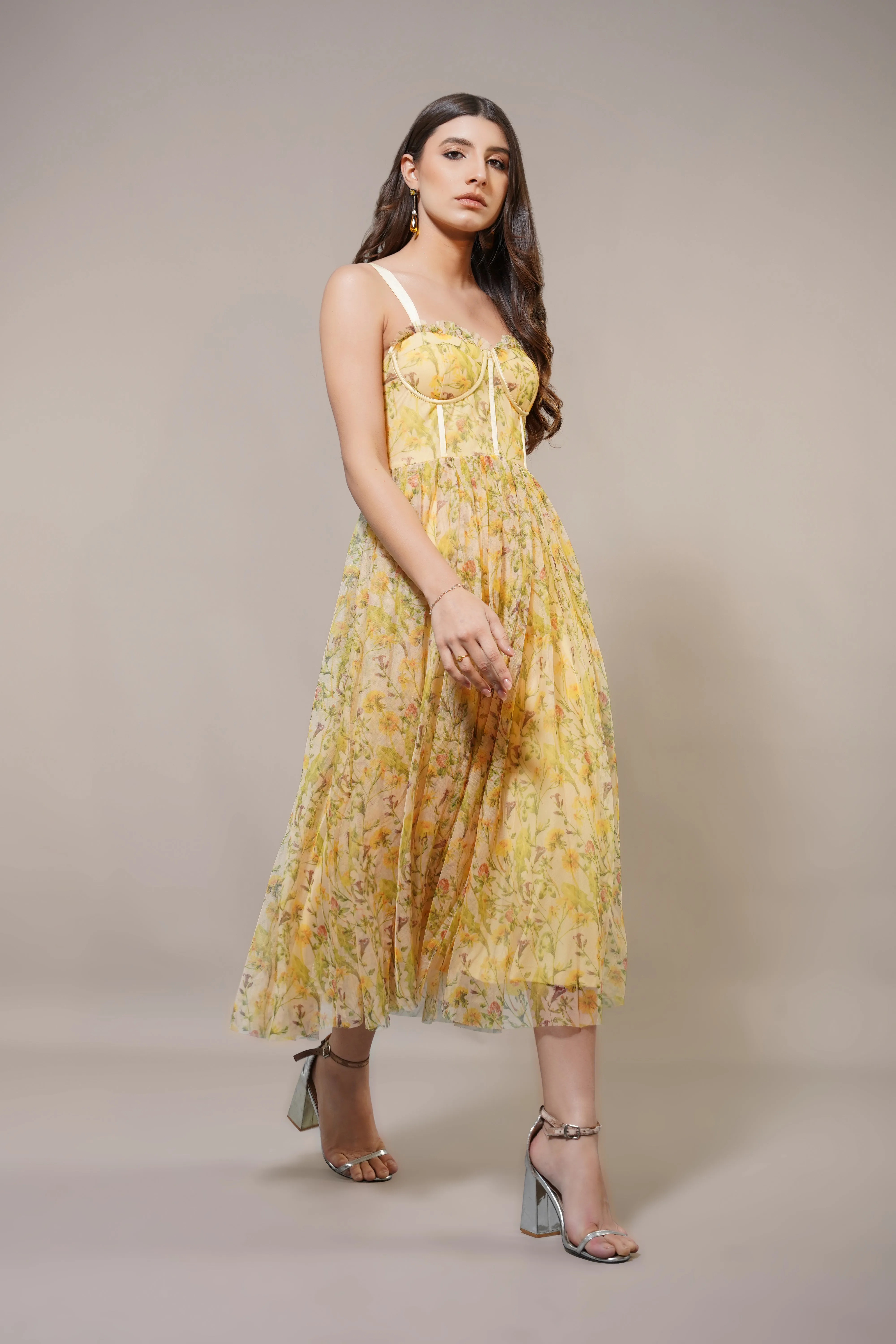 Dane Yellow Floral Corset Midi Dress