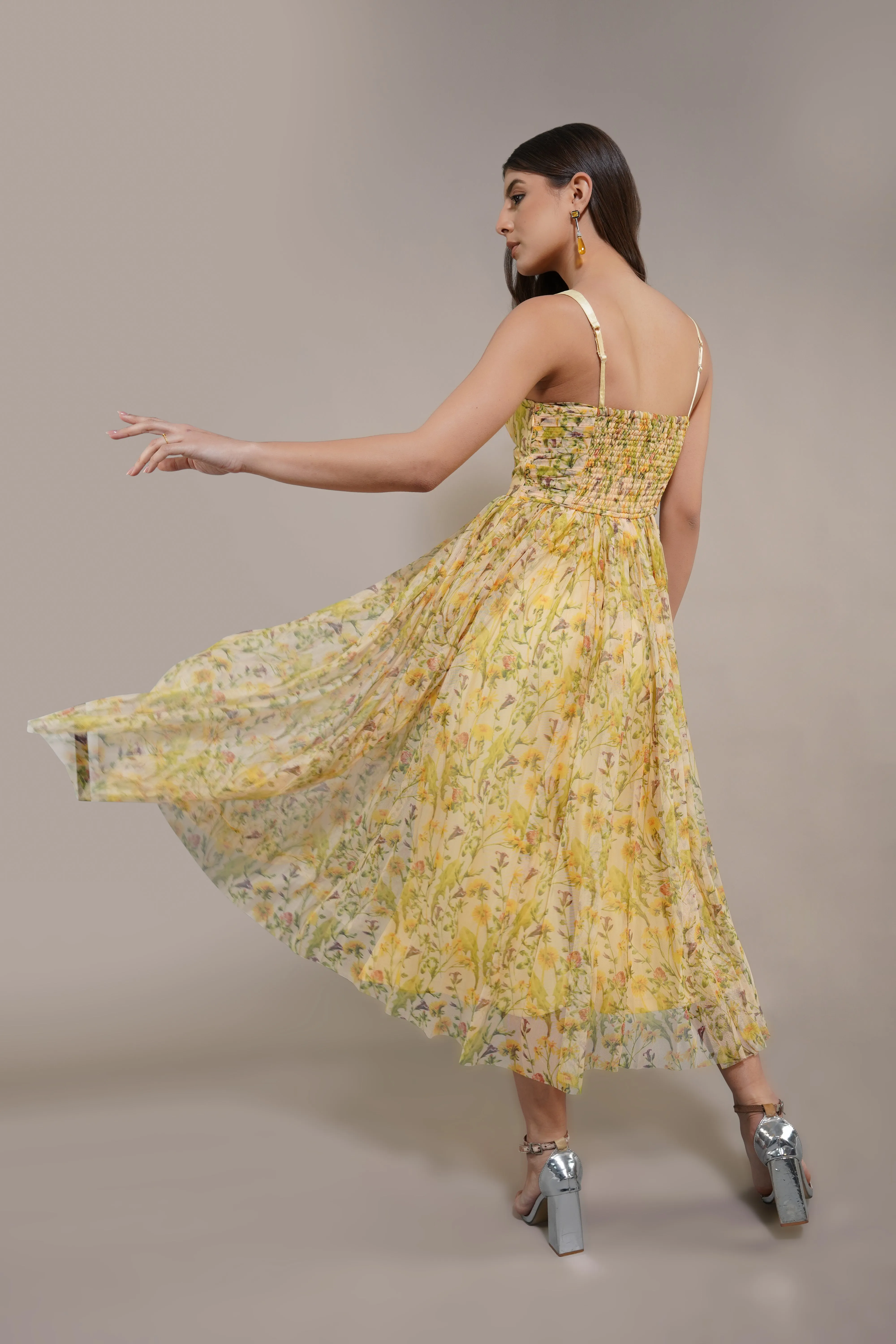 Dane Yellow Floral Corset Midi Dress