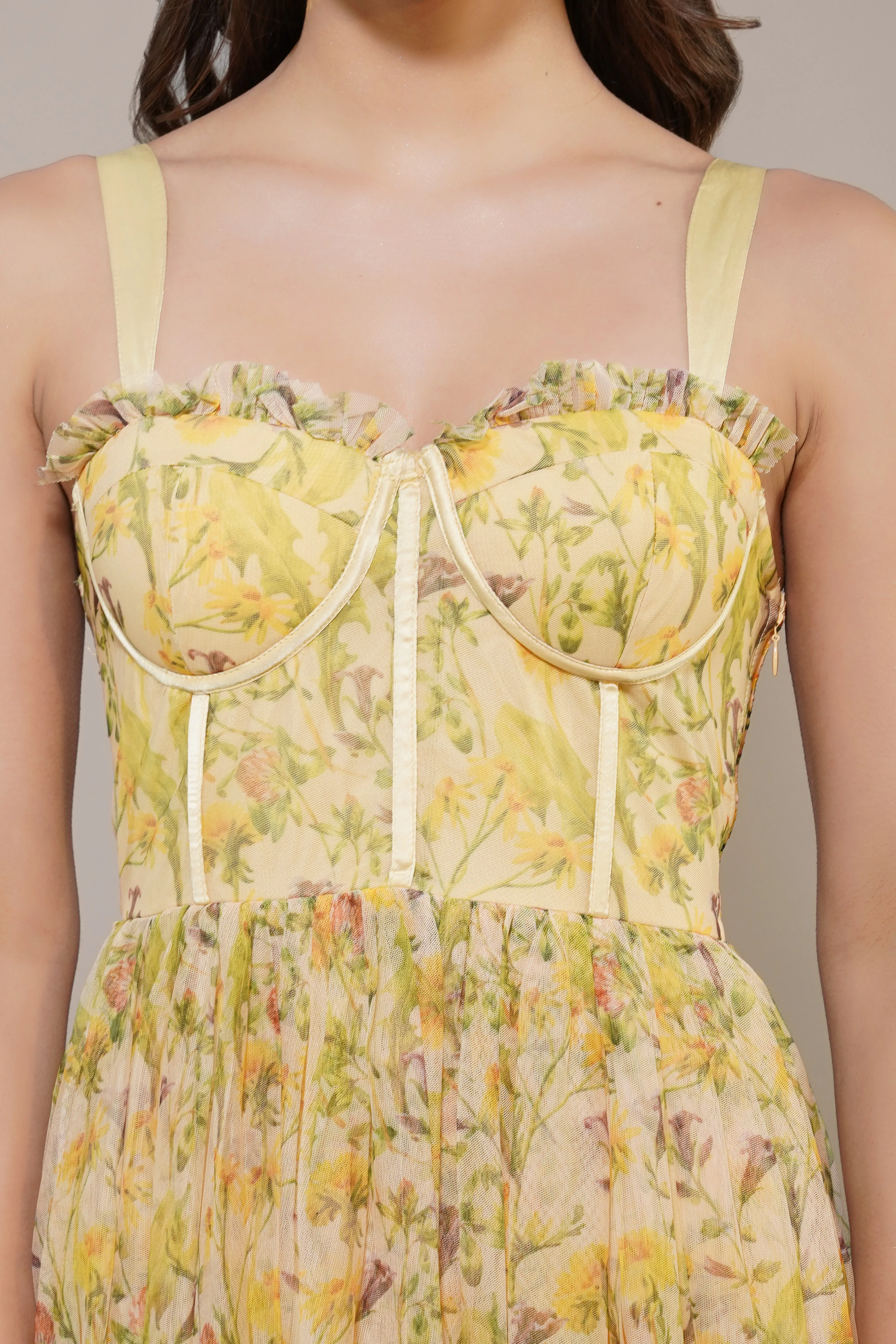 Dane Yellow Floral Corset Midi Dress