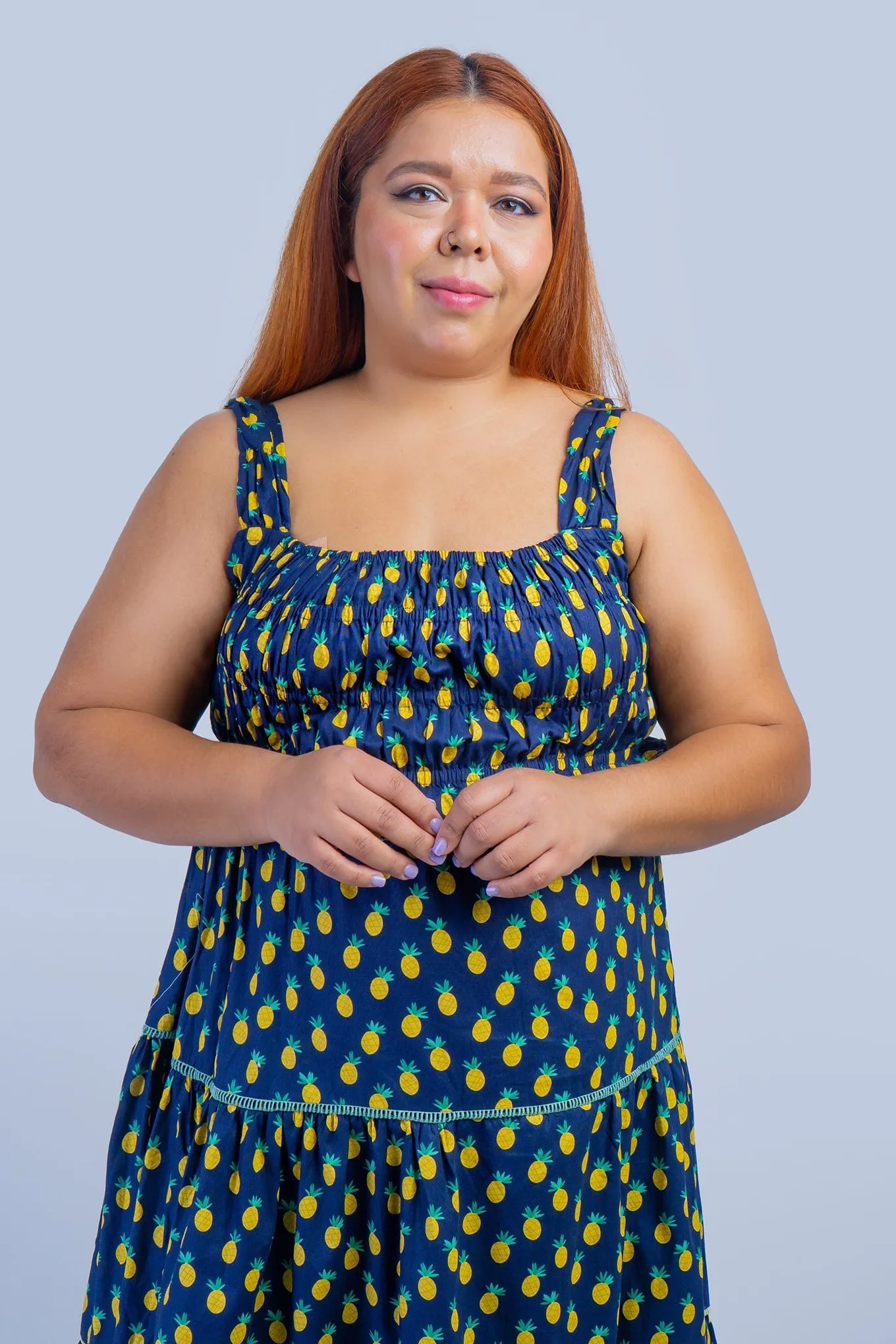 Dark Blue Pineapple Smock Dress