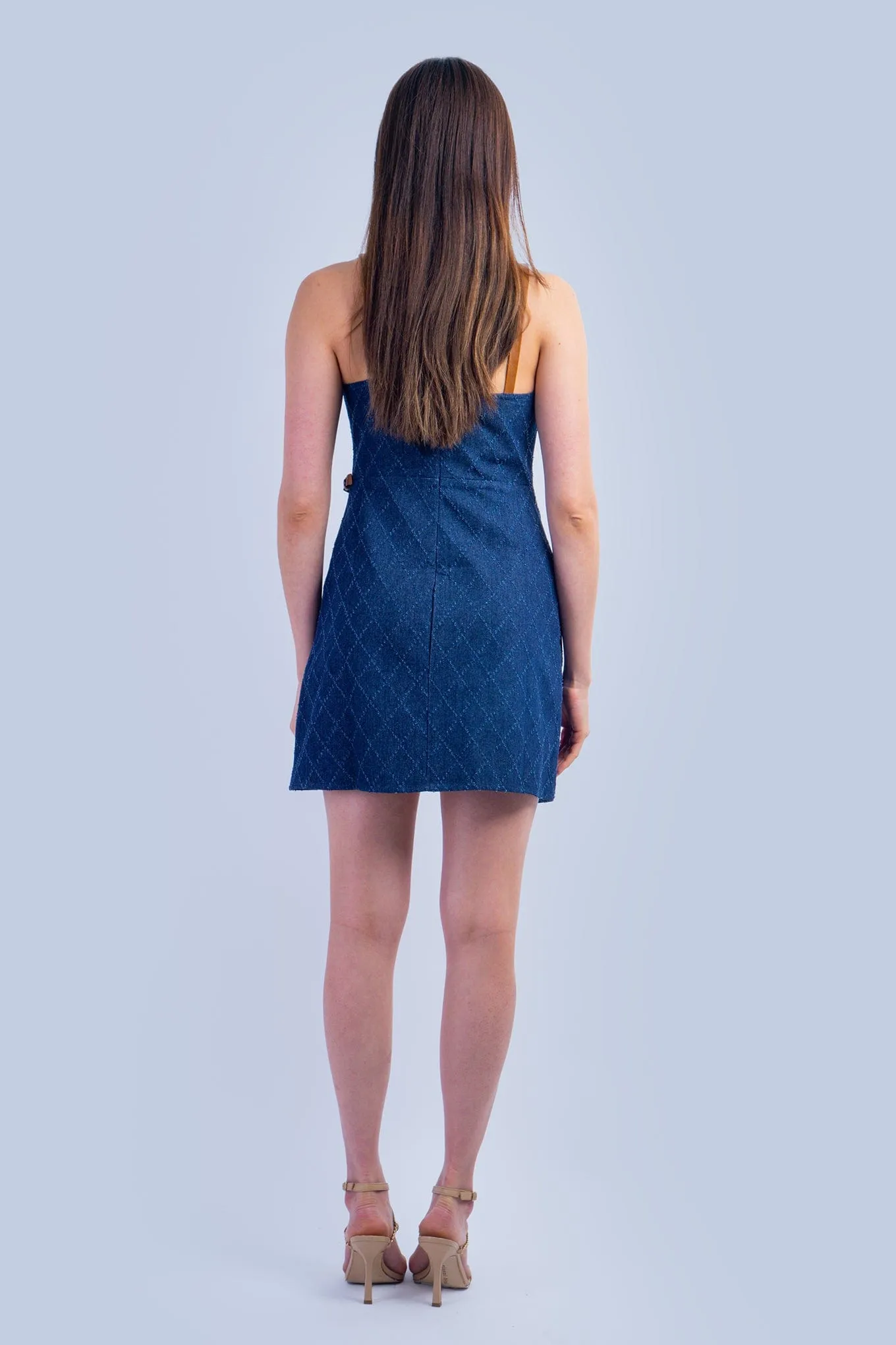 Denim Vegan Leather Straps Faux Wrap Dress