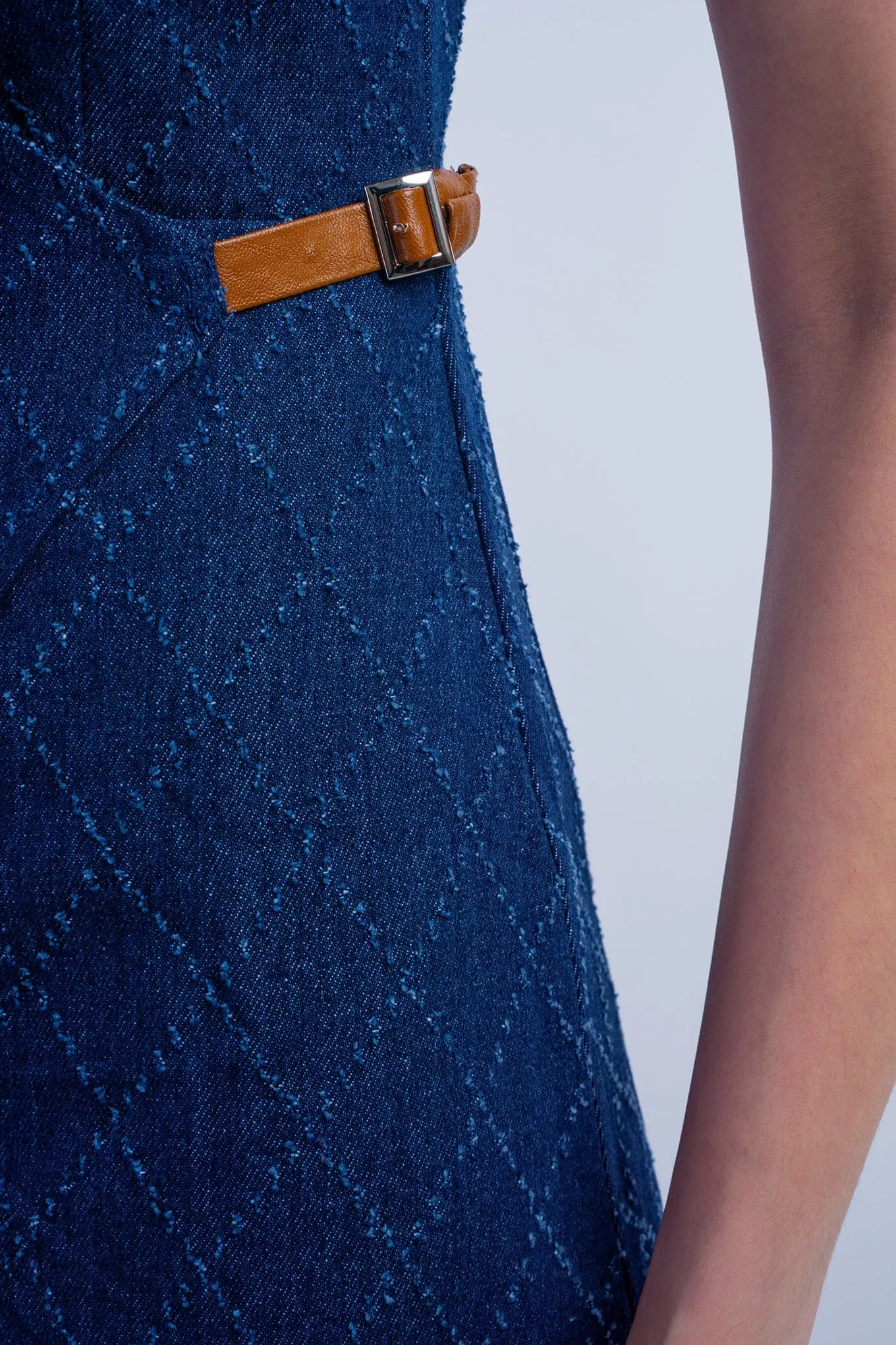 Denim Vegan Leather Straps Faux Wrap Dress