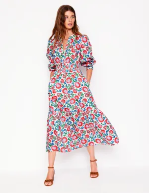 Elena Tiered Cotton Midi Dress-Ivory. Garden Vine