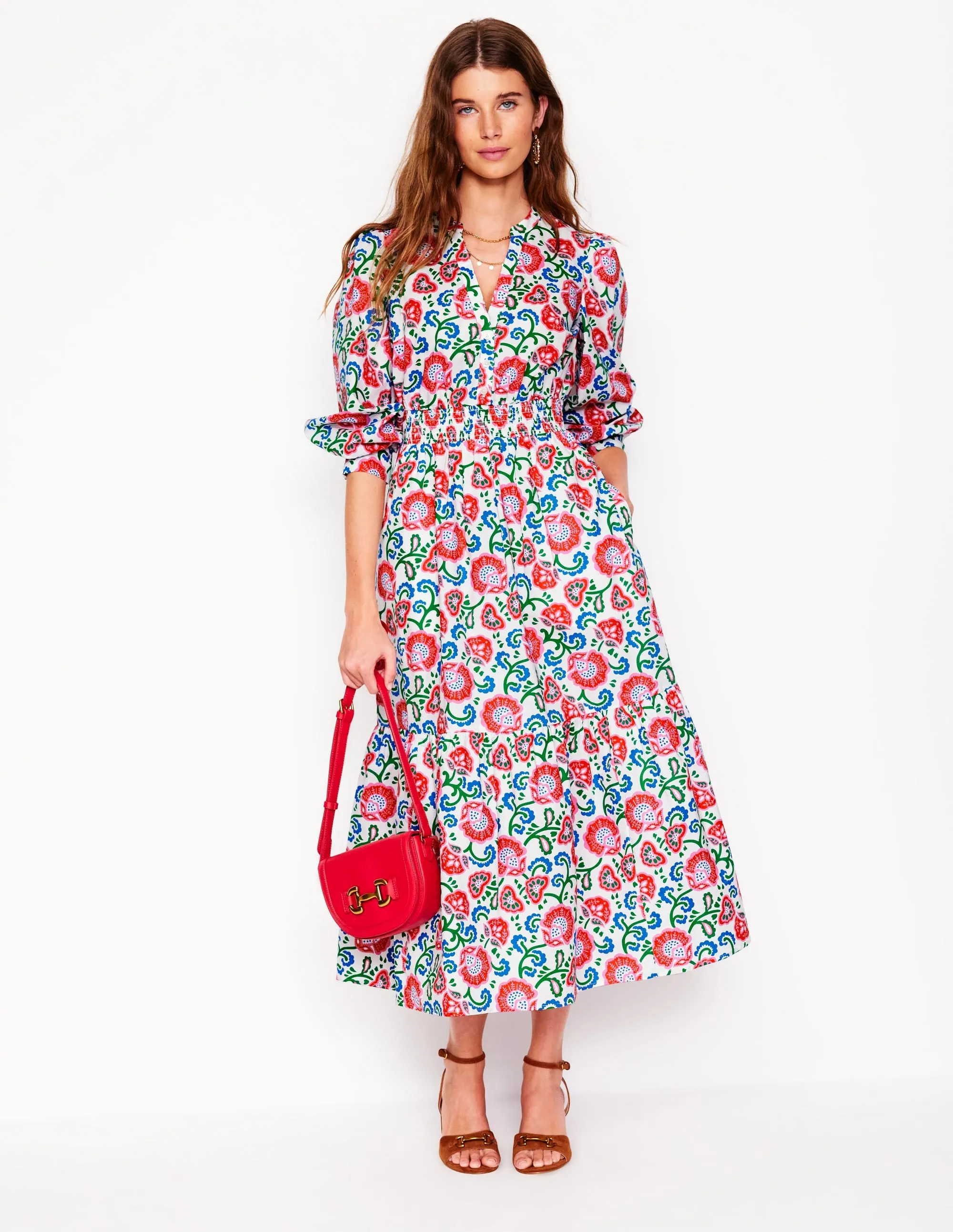 Elena Tiered Cotton Midi Dress-Ivory. Garden Vine