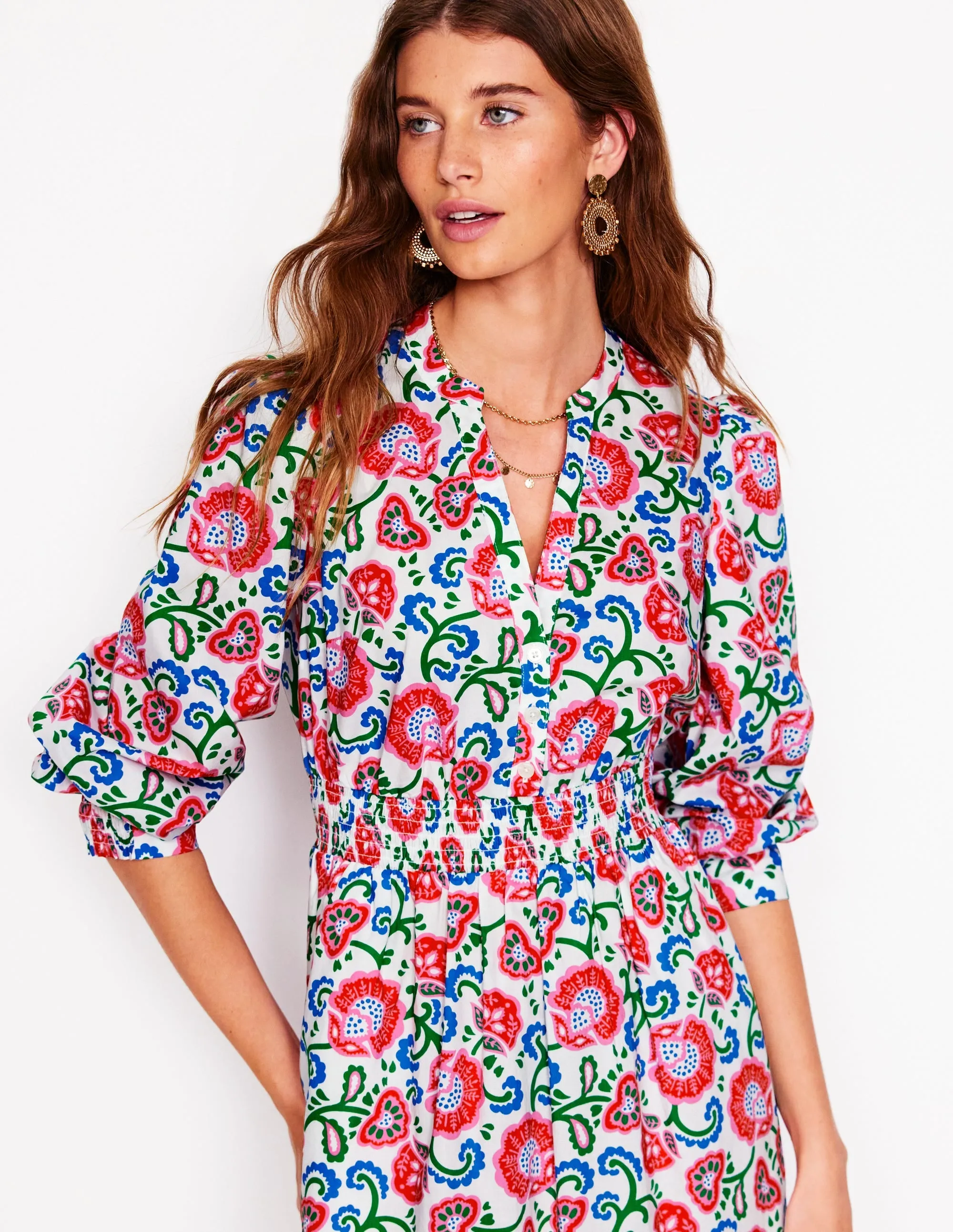 Elena Tiered Cotton Midi Dress-Ivory. Garden Vine