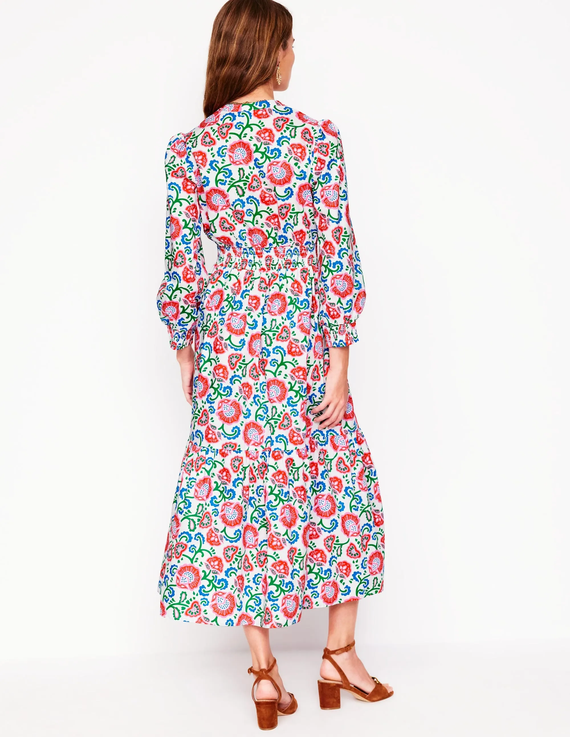 Elena Tiered Cotton Midi Dress-Ivory. Garden Vine