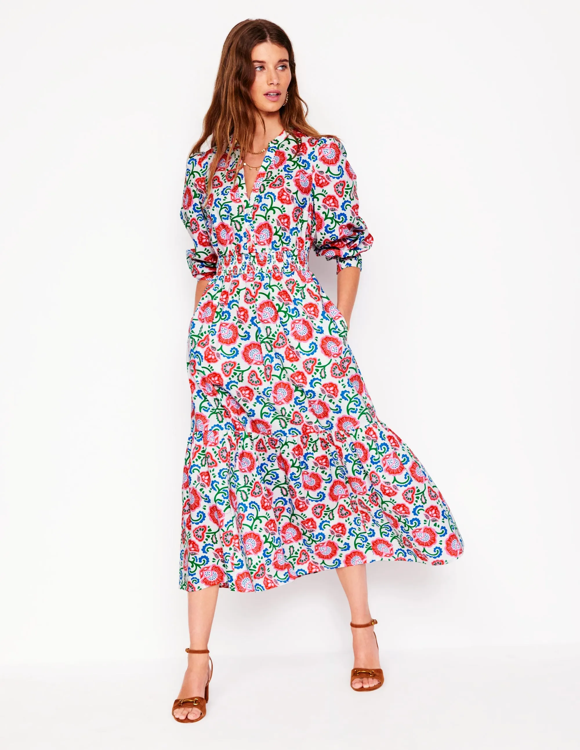 Elena Tiered Cotton Midi Dress-Ivory. Garden Vine