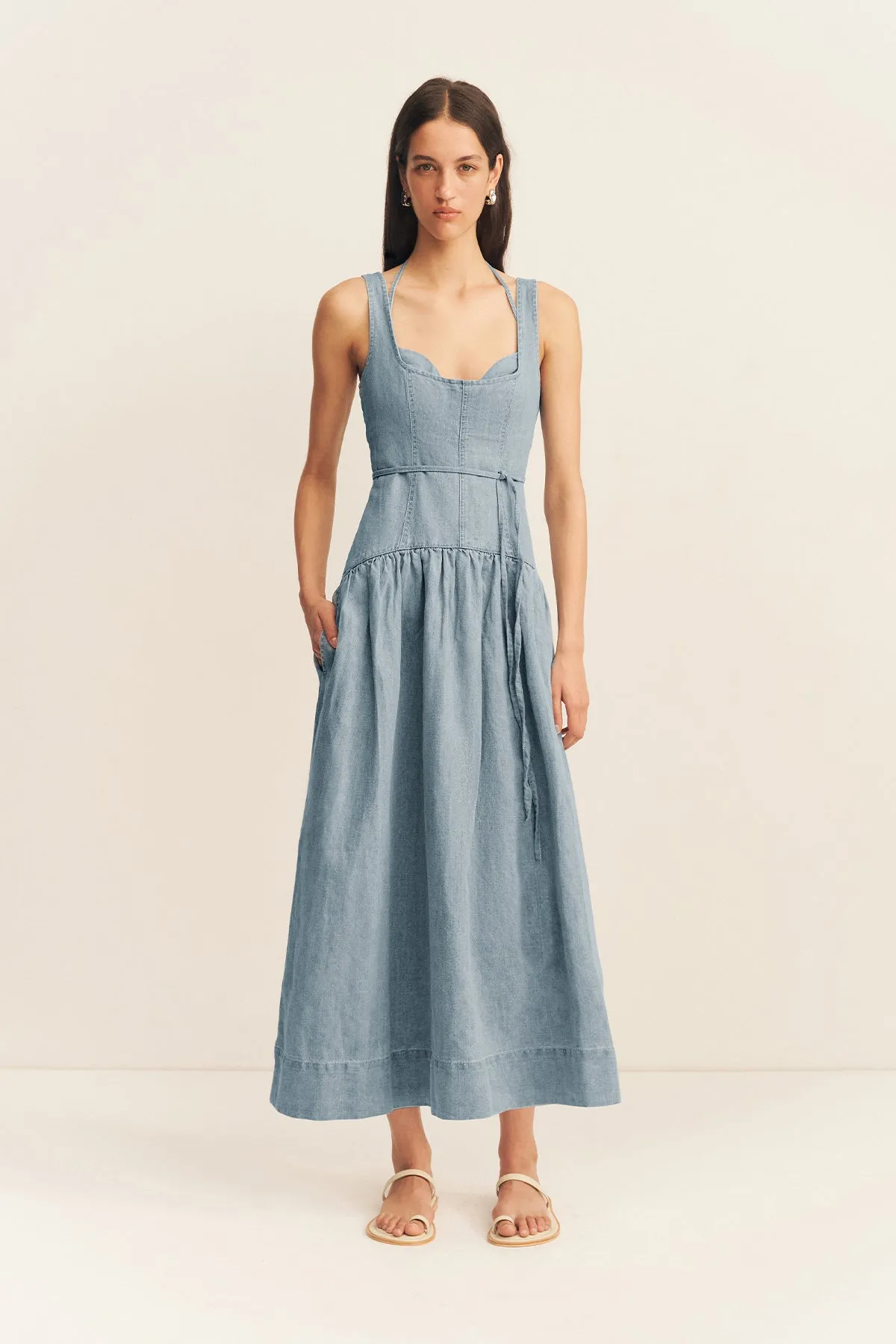 ELLSWORTH BUSTIER GATHERED MIDI DRESS - BLEACHED BLUE
