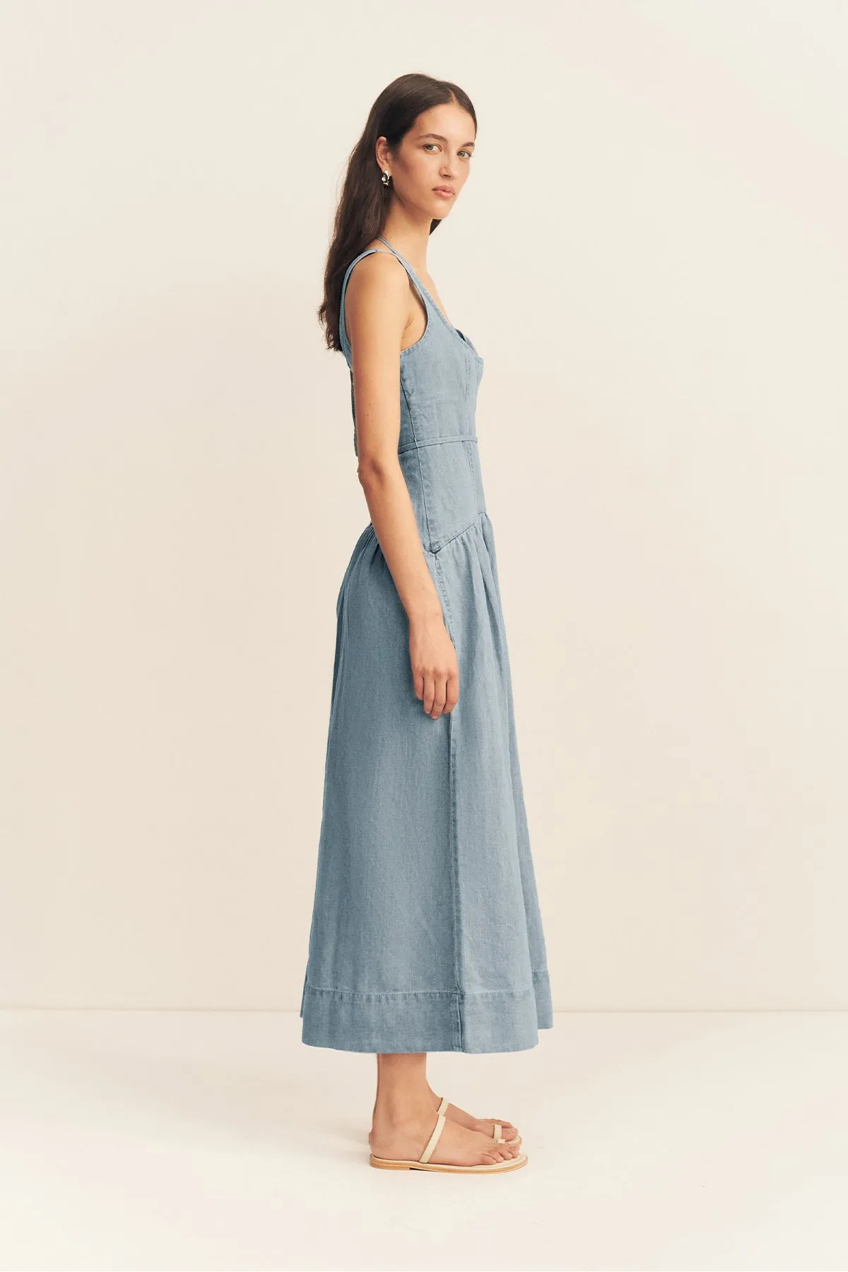 ELLSWORTH BUSTIER GATHERED MIDI DRESS - BLEACHED BLUE