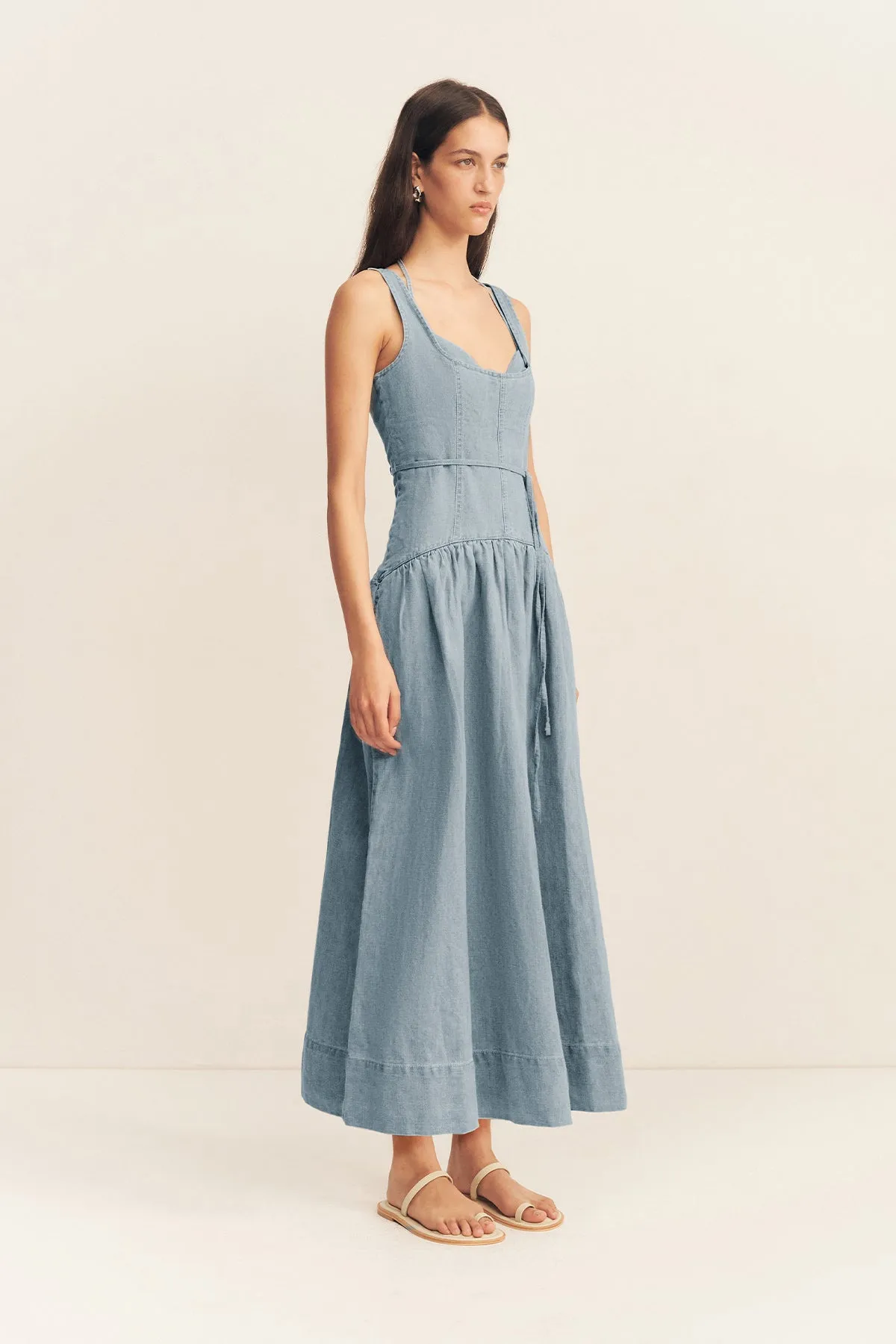 ELLSWORTH BUSTIER GATHERED MIDI DRESS - BLEACHED BLUE