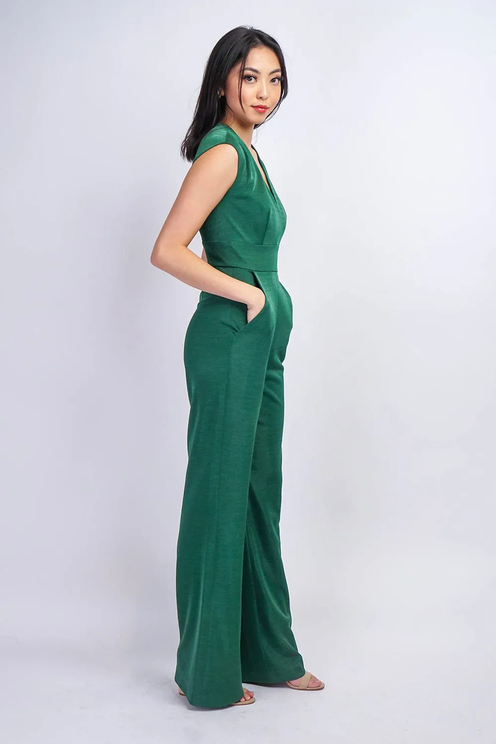 Emerald Luxe Sheen V Neck Aiden Jumpsuit