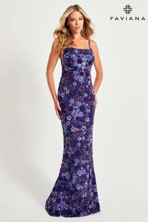 Faviana 11037 Long Formal Evening Sequin Floral Prom Dress
