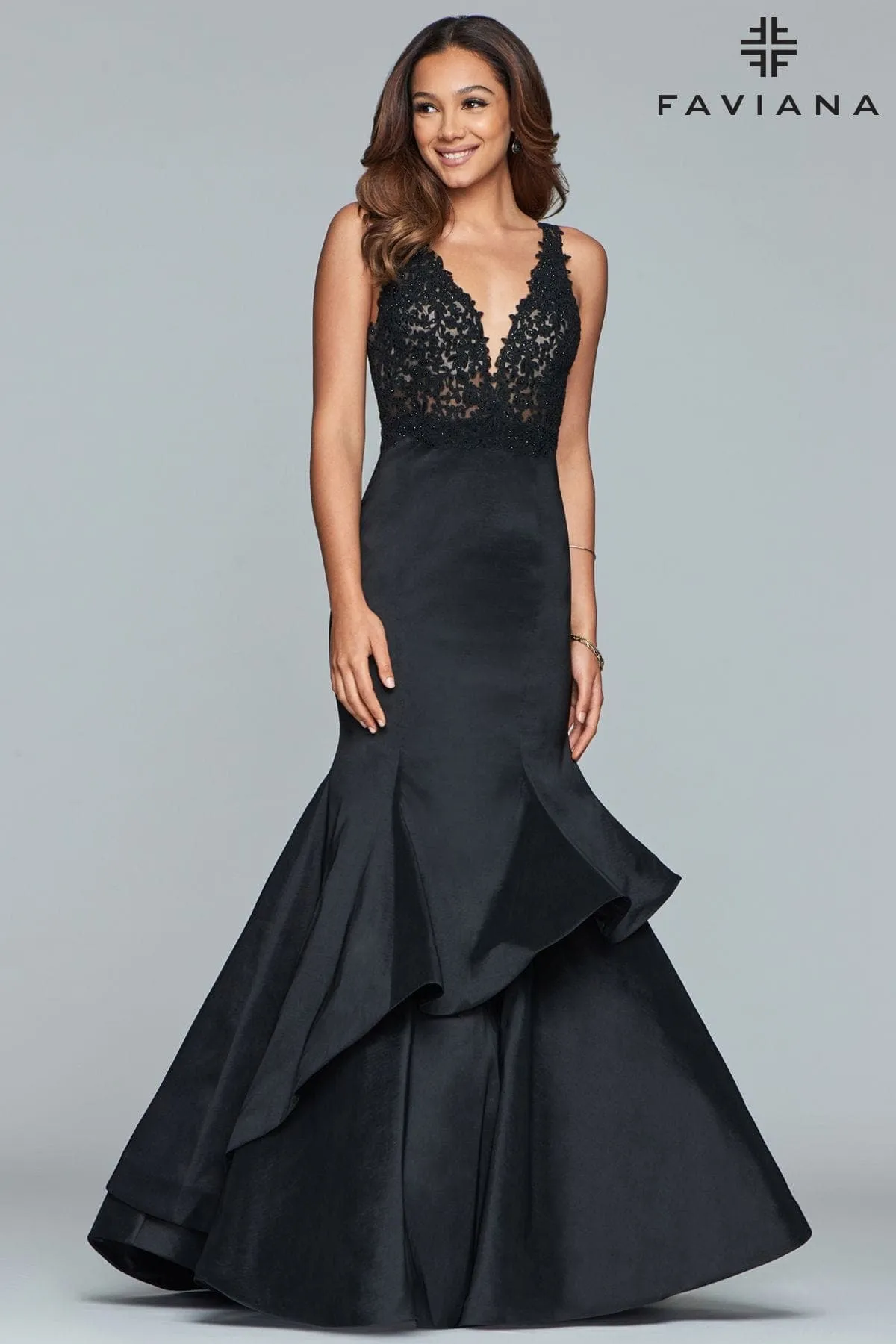 Faviana S10242E Fitted Long Formal Beaded Layered Prom Mermaid Dress