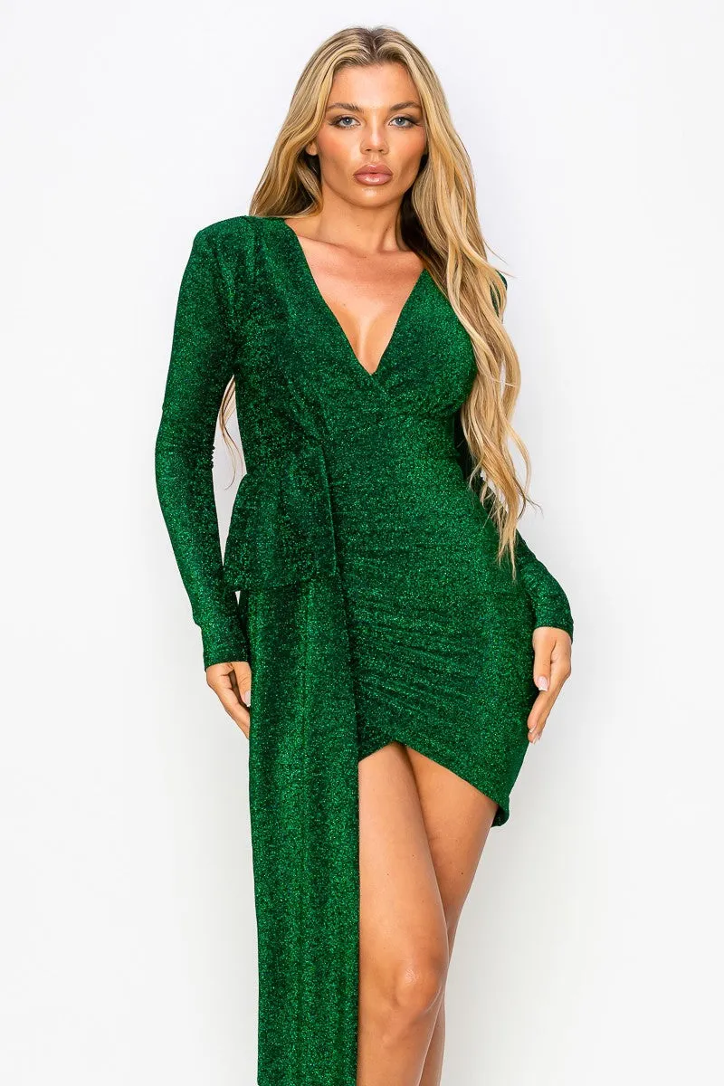 Fitted Long Sleeve Glittery Drape Mini Dress