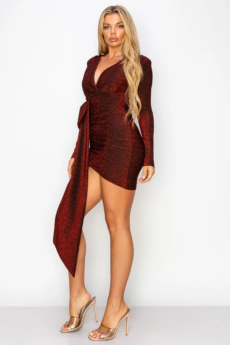Fitted Long Sleeve Glittery Drape Mini Dress
