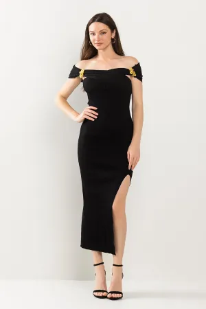 Fitted Off Shoulder Slit Midi Dress