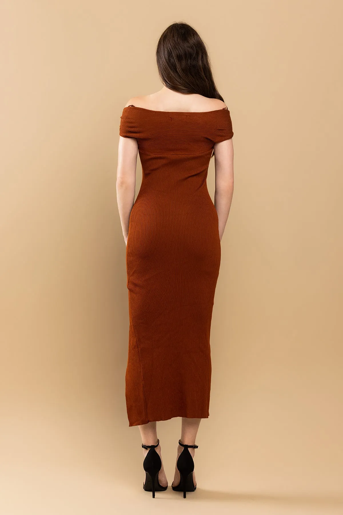 Fitted Off Shoulder Slit Midi Dress