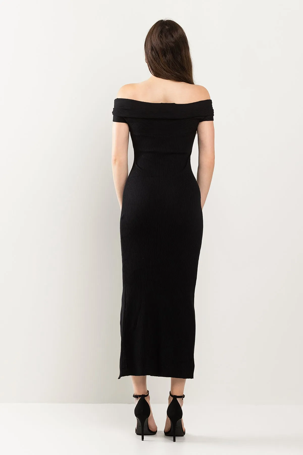 Fitted Off Shoulder Slit Midi Dress