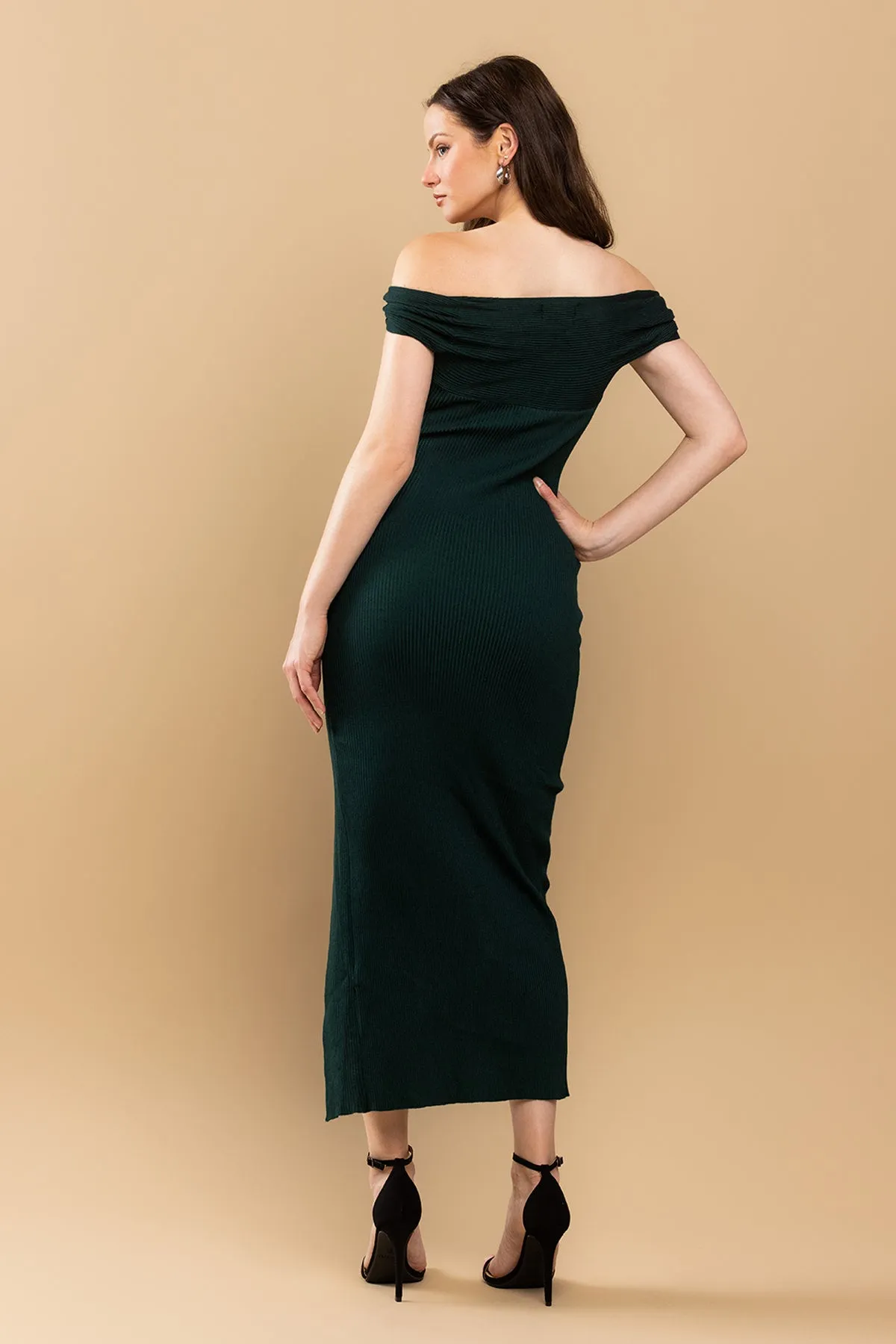 Fitted Off Shoulder Slit Midi Dress