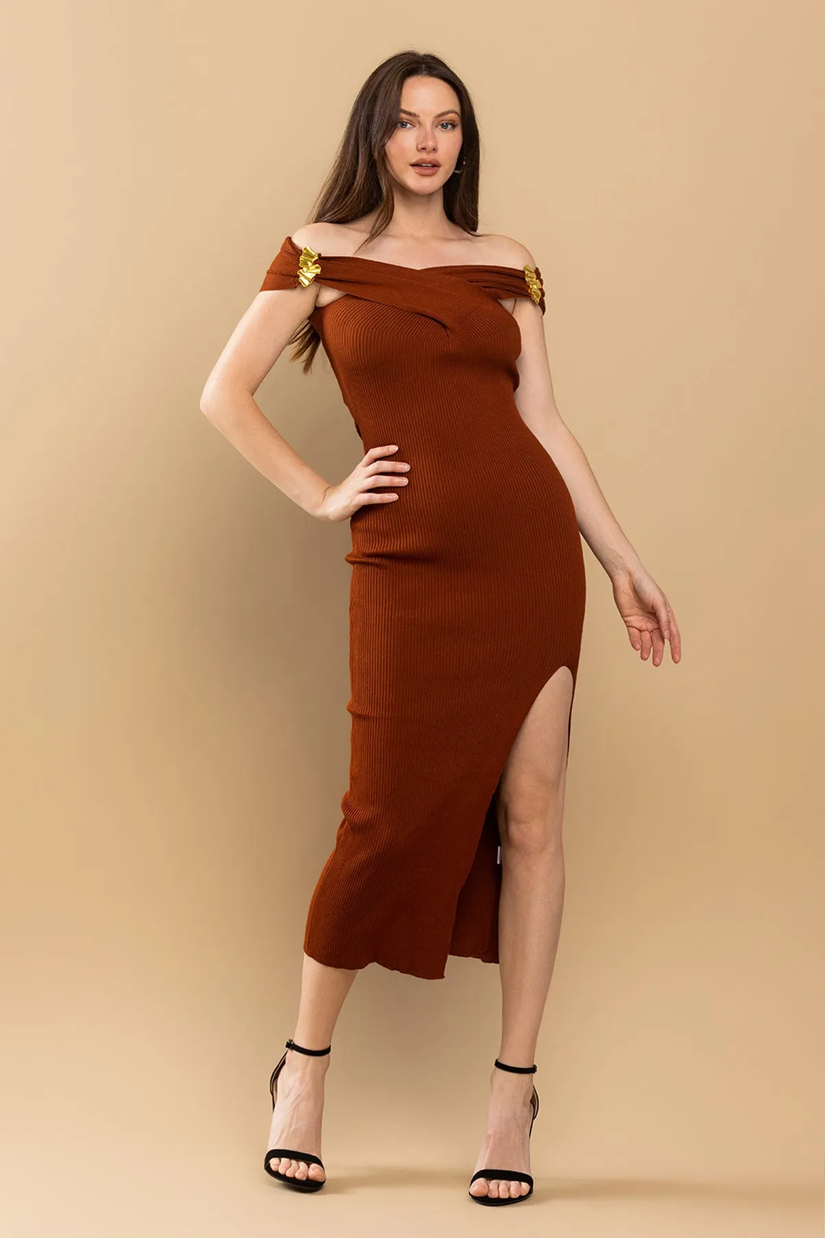 Fitted Off Shoulder Slit Midi Dress