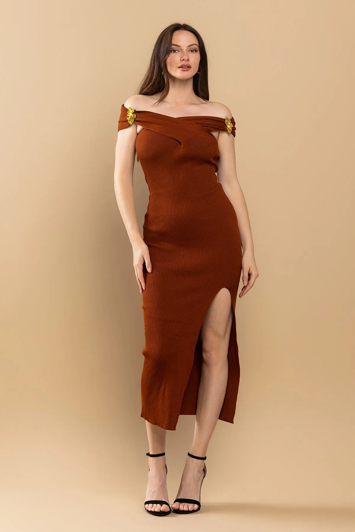 Fitted Off Shoulder Slit Midi Dress