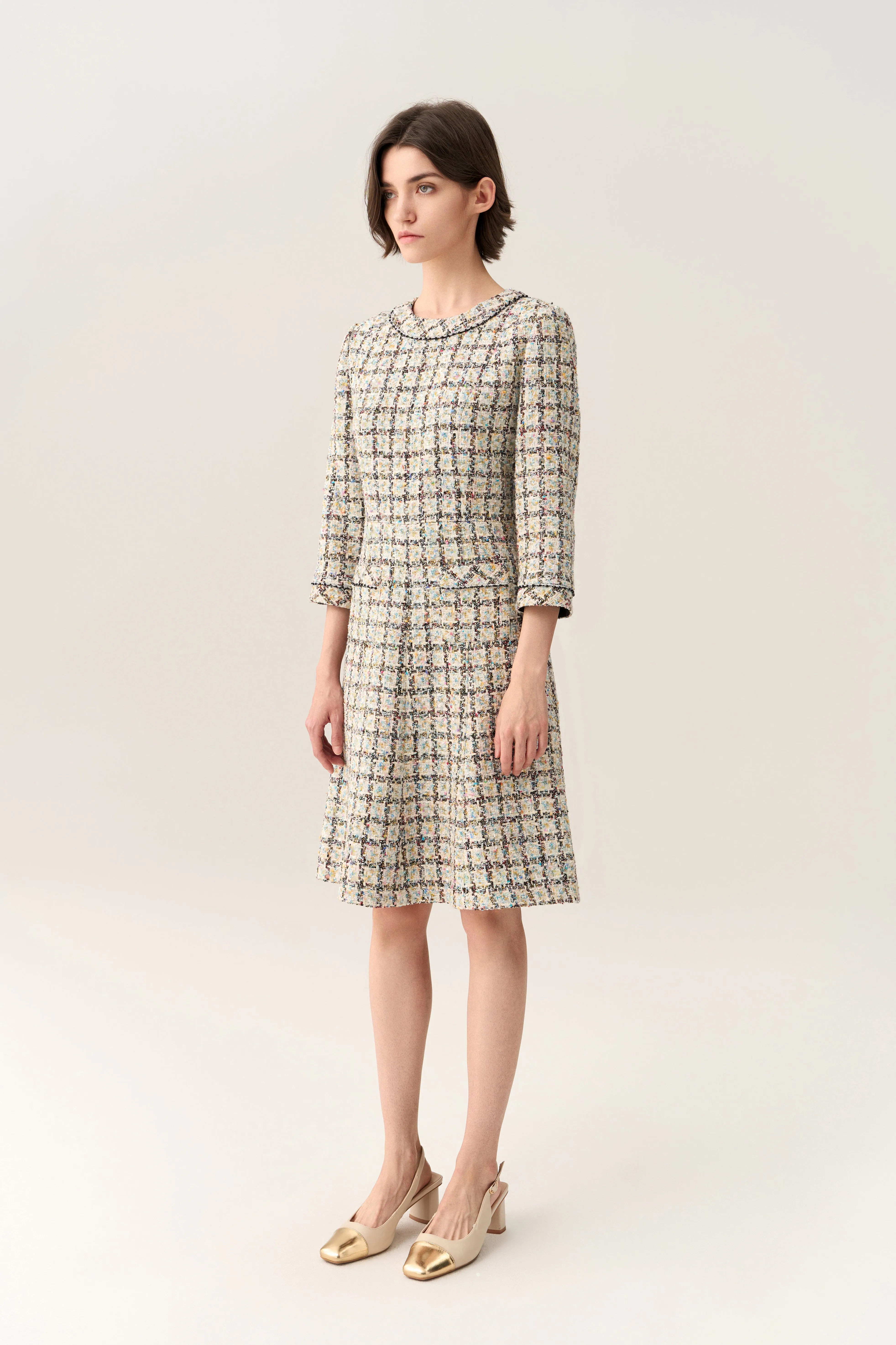 Flared-hem Patch Pocket Checker Tweed Dress