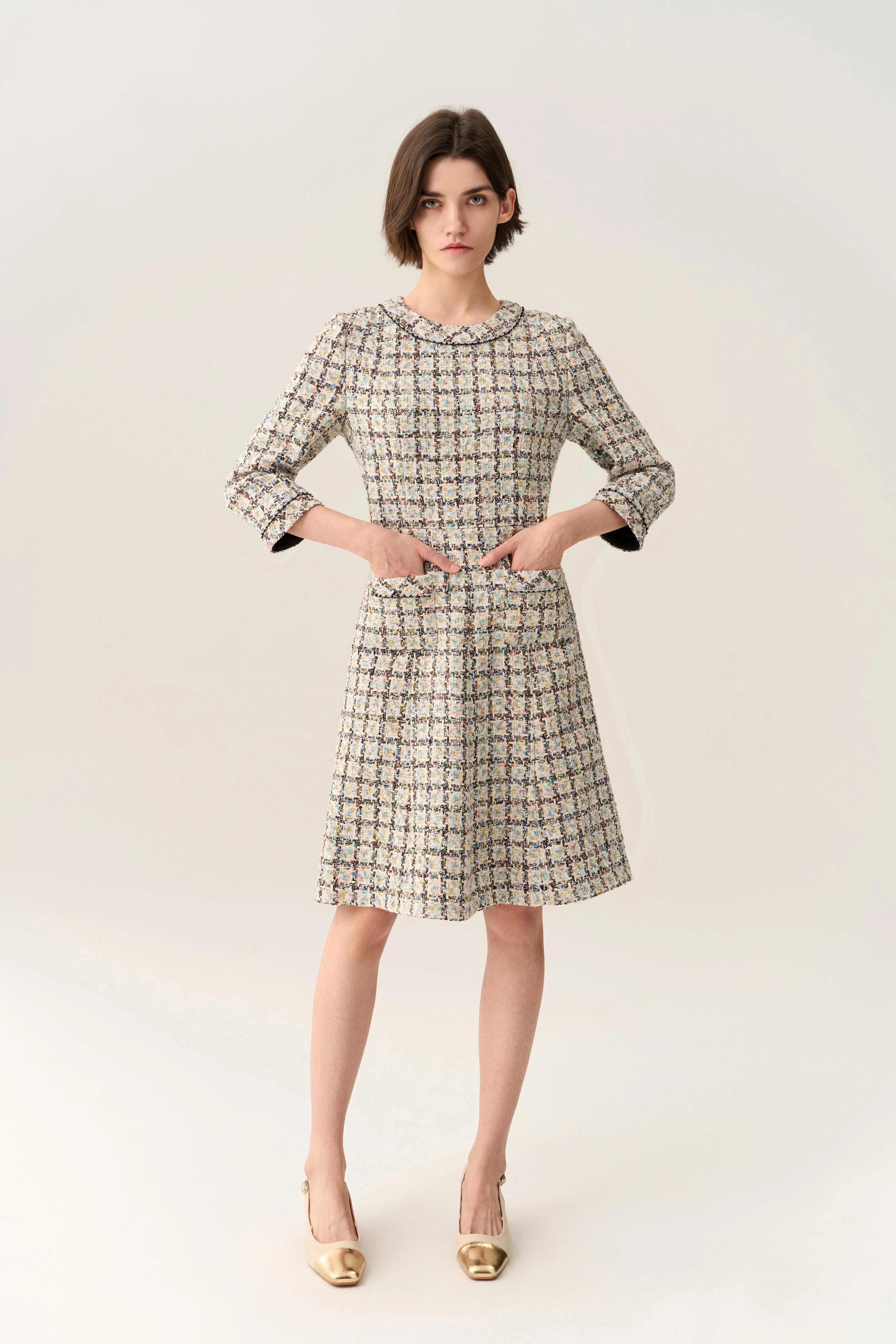 Flared-hem Patch Pocket Checker Tweed Dress