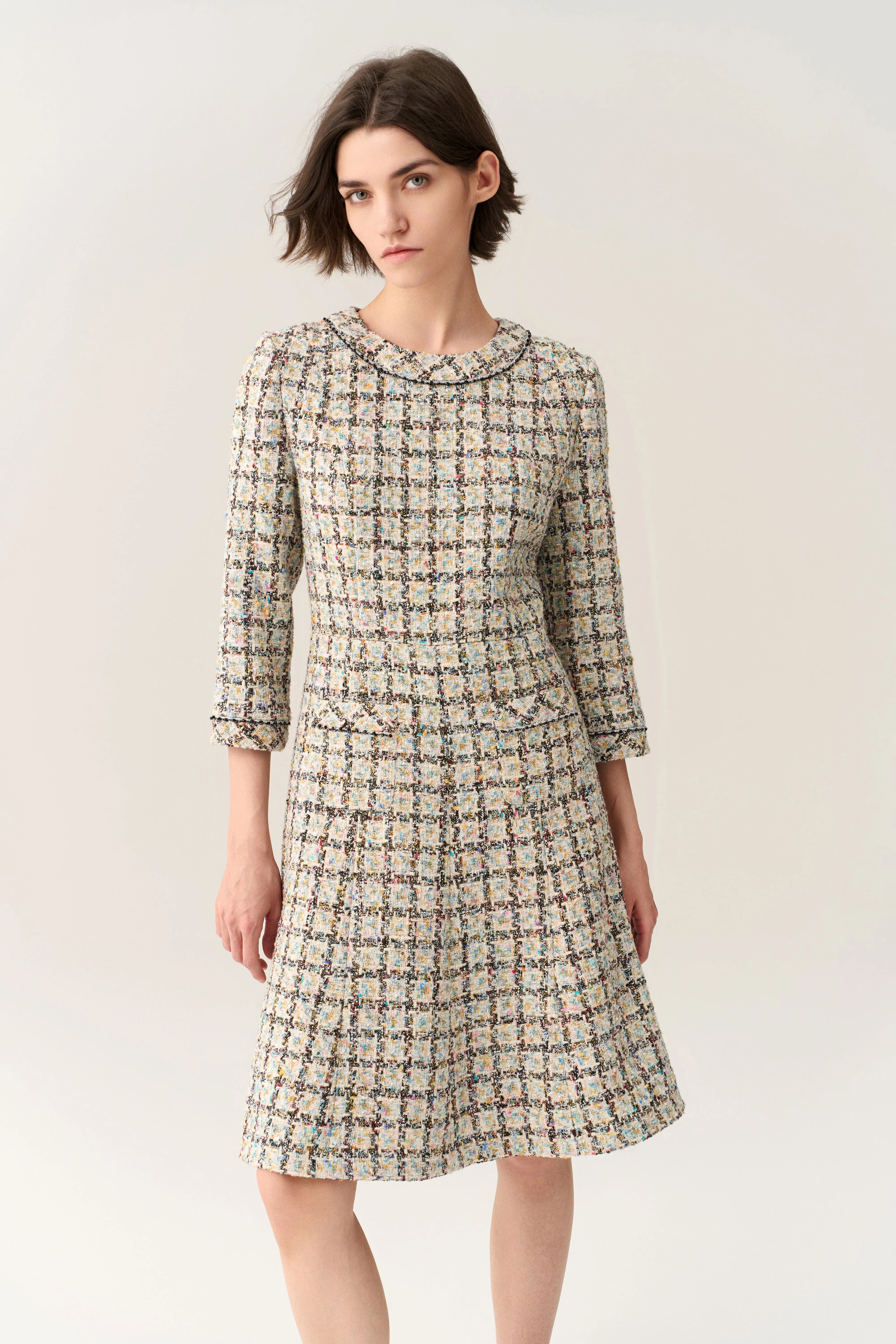Flared-hem Patch Pocket Checker Tweed Dress