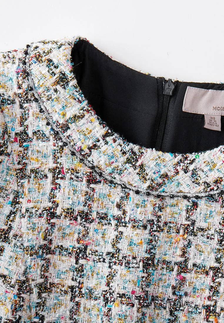 Flared-hem Patch Pocket Checker Tweed Dress