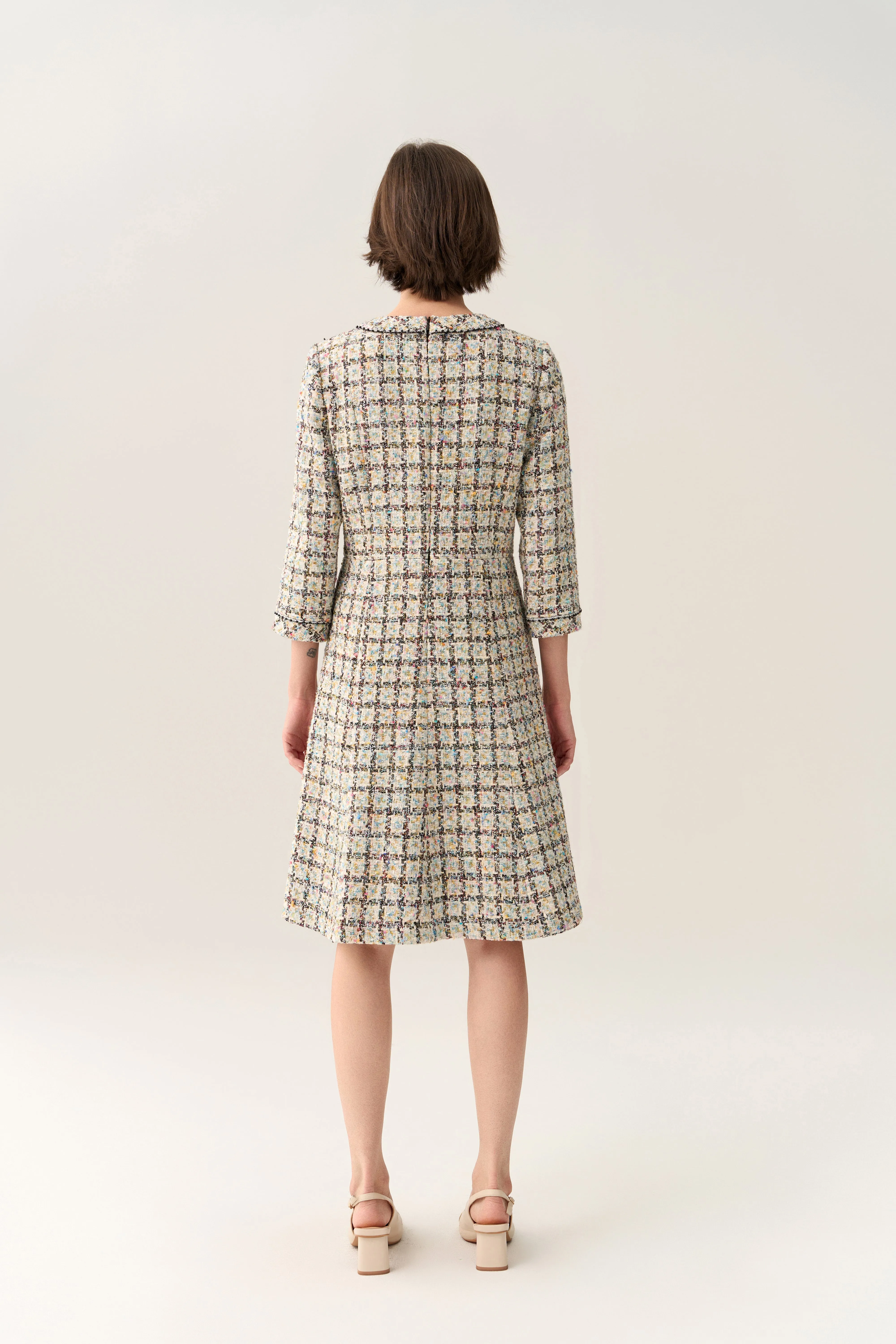 Flared-hem Patch Pocket Checker Tweed Dress