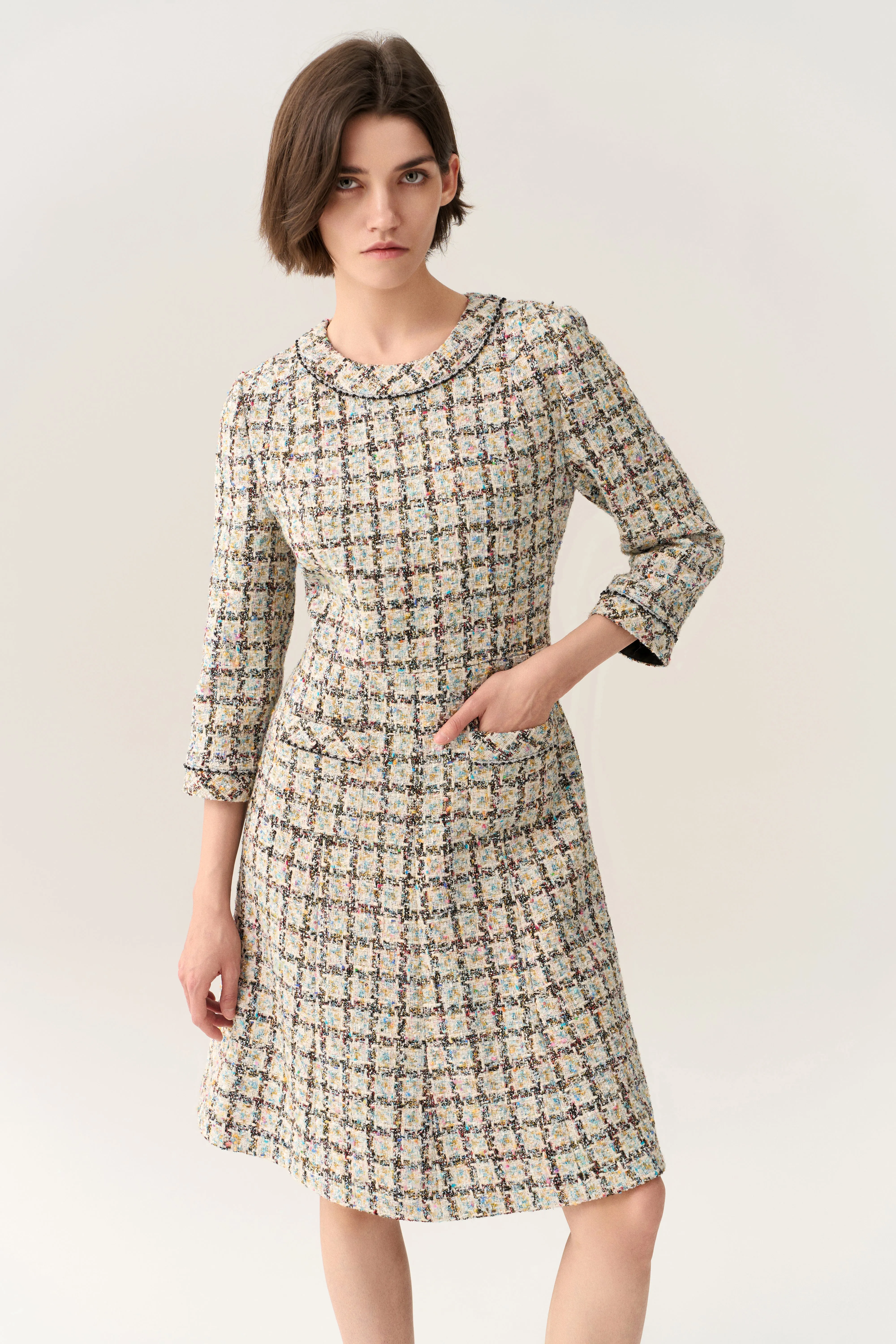 Flared-hem Patch Pocket Checker Tweed Dress