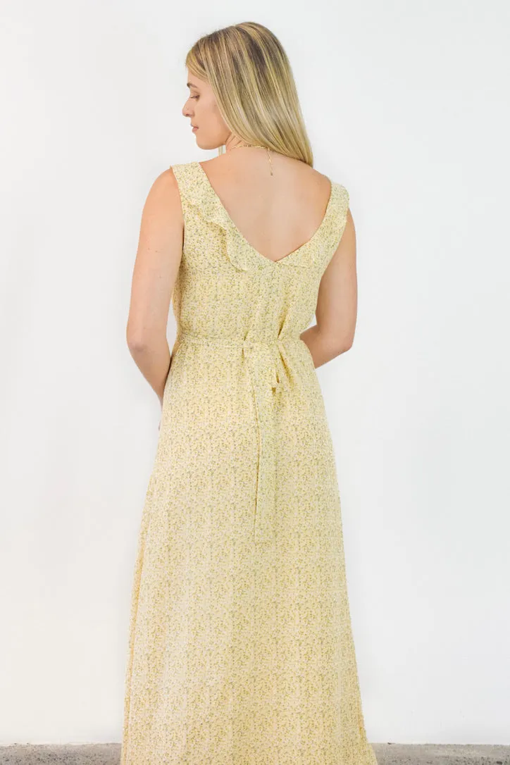 Frill Seeker Golden Ditsy Fleck Georgette Button Front Ruffle Neck Midi Dress