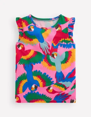 Frill Sleeve Printed Tee-Multi Rainbow Parrot