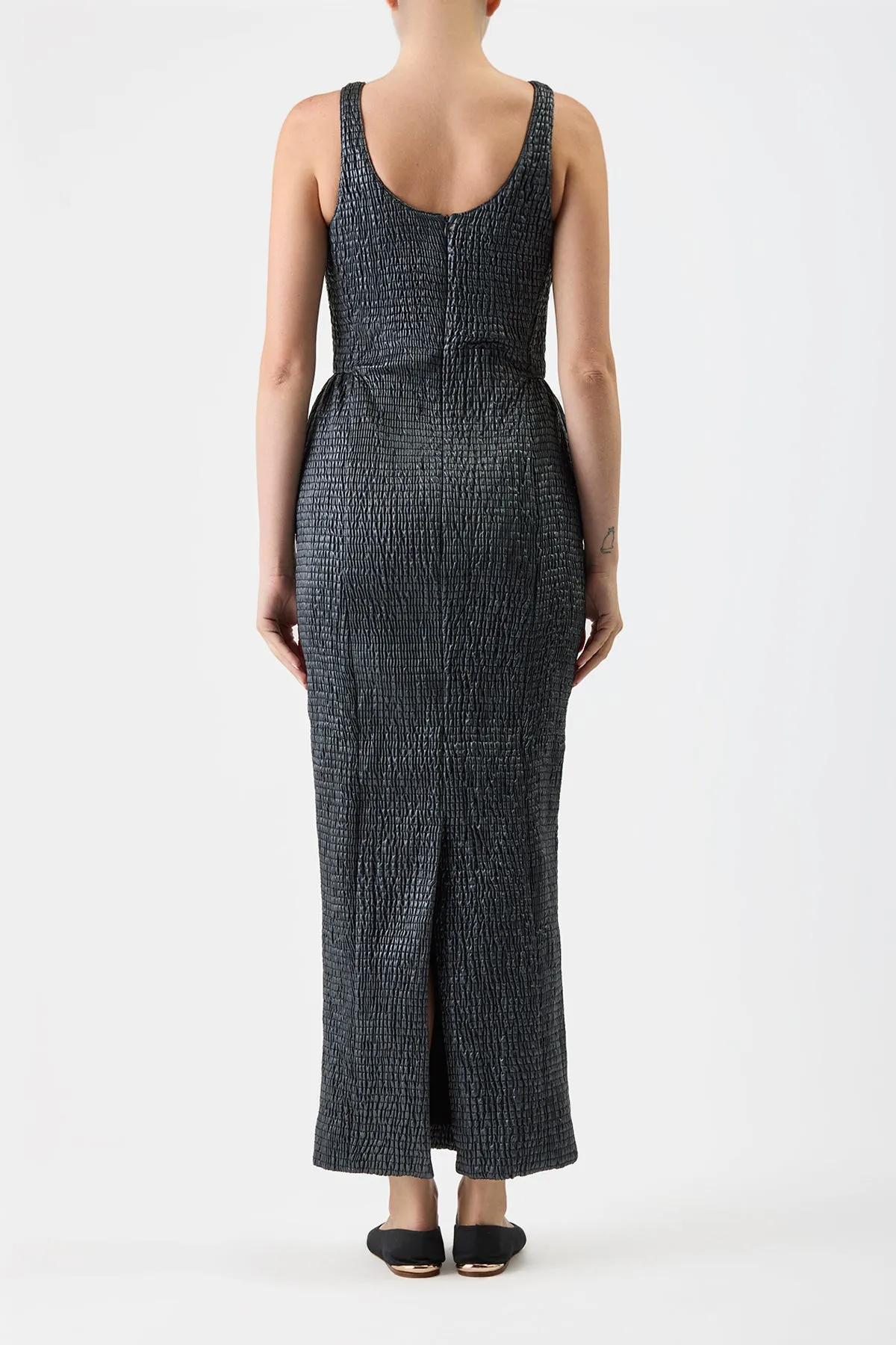 Girard Shirred Maxi Dress with Lining in Black Pearlized Nappa Leather