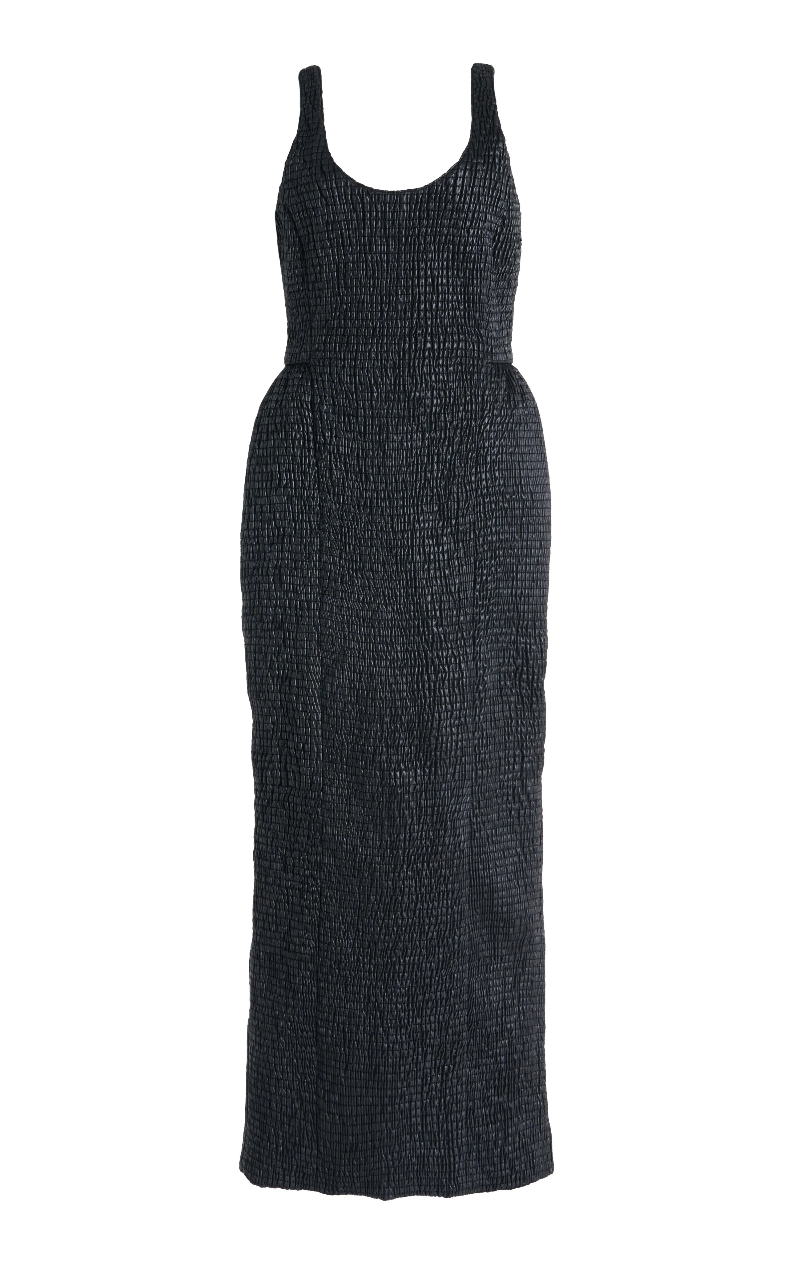 Girard Shirred Maxi Dress with Lining in Black Pearlized Nappa Leather