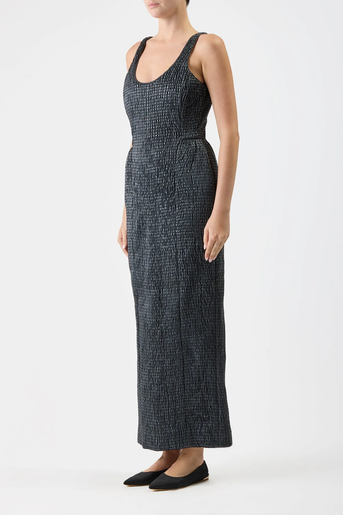 Girard Shirred Maxi Dress with Lining in Black Pearlized Nappa Leather