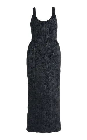 Girard Shirred Maxi Dress with Lining in Black Pearlized Nappa Leather