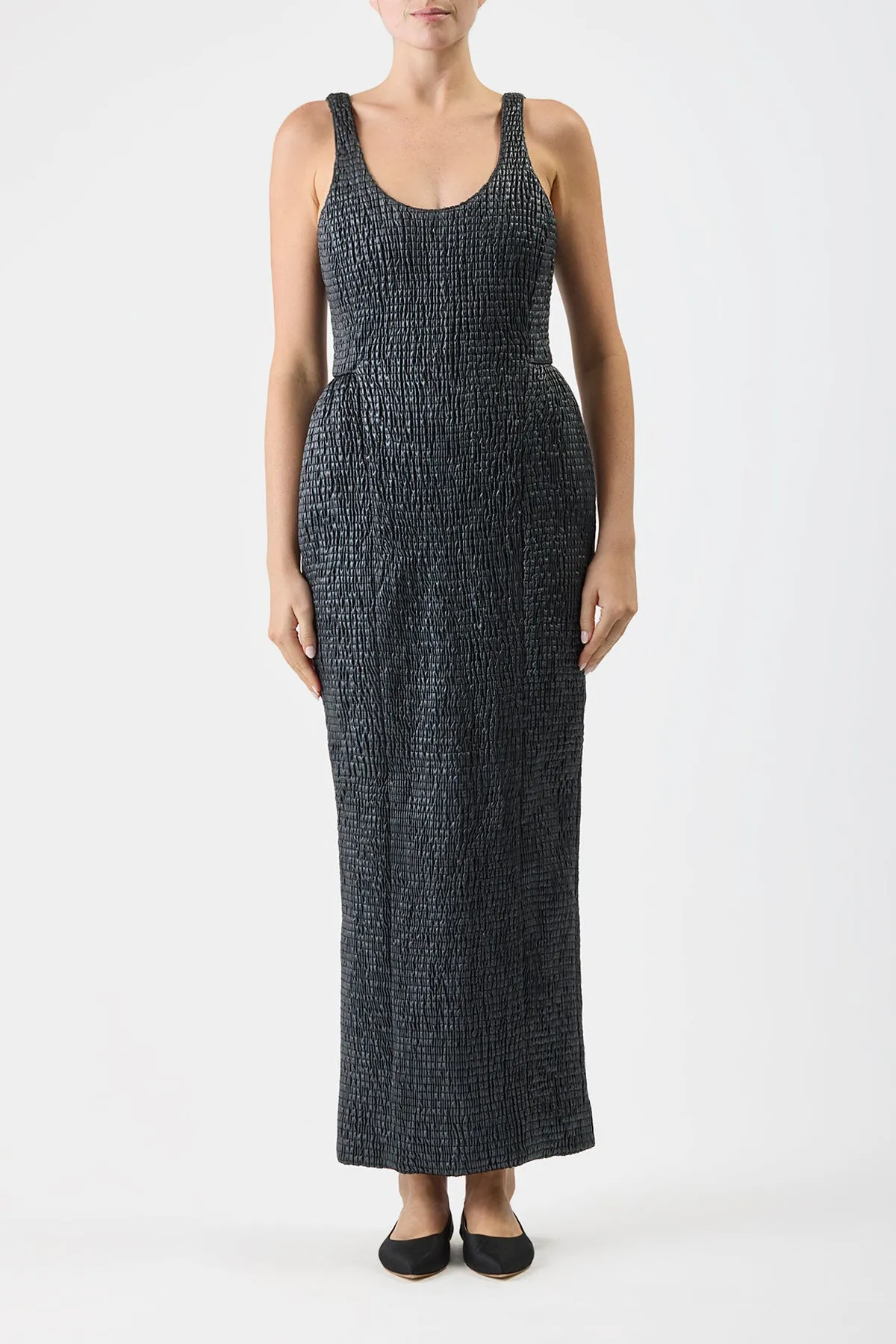 Girard Shirred Maxi Dress with Lining in Black Pearlized Nappa Leather
