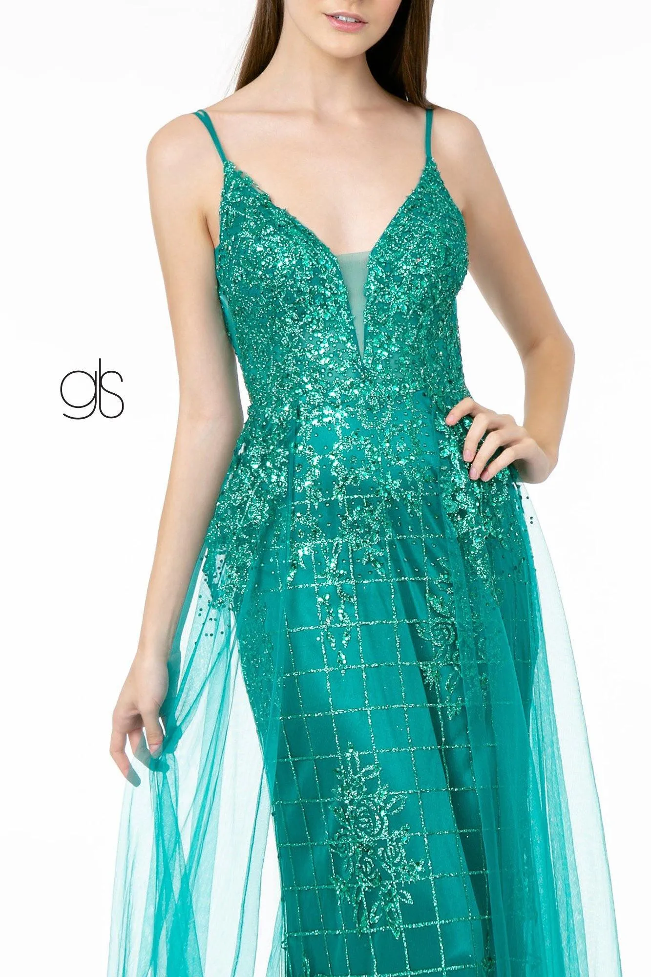 Glitter Mesh Illusion Deep V-Neck Long Prom Dress Sale