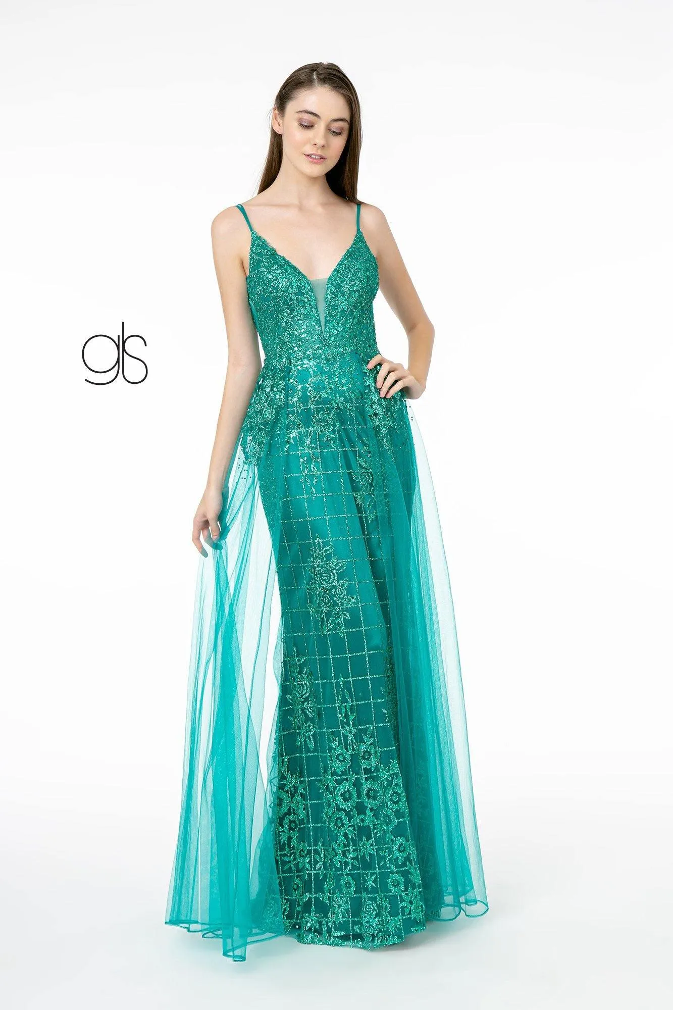 Glitter Mesh Illusion Deep V-Neck Long Prom Dress Sale
