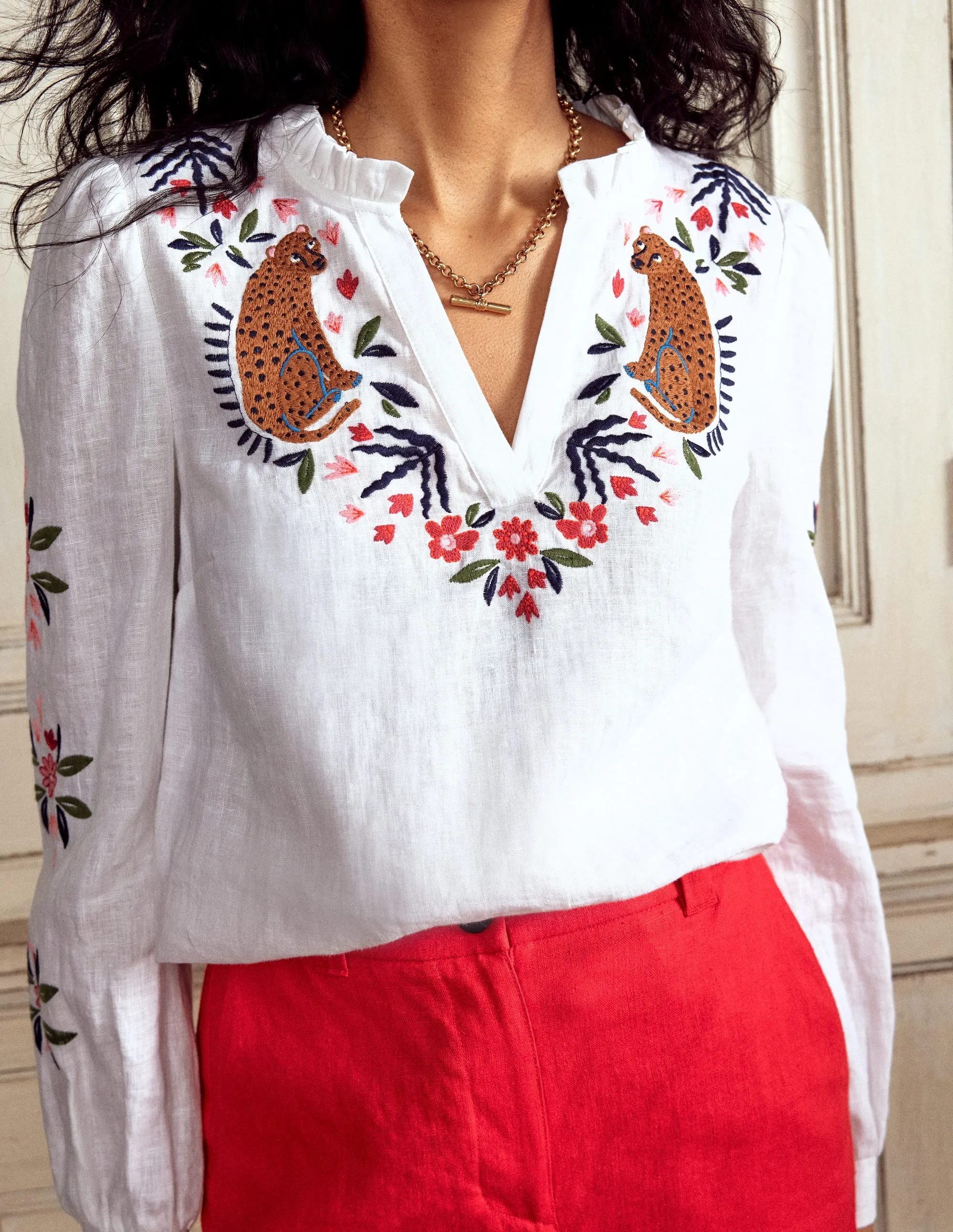 Grace Linen Top-White. Cheetah
