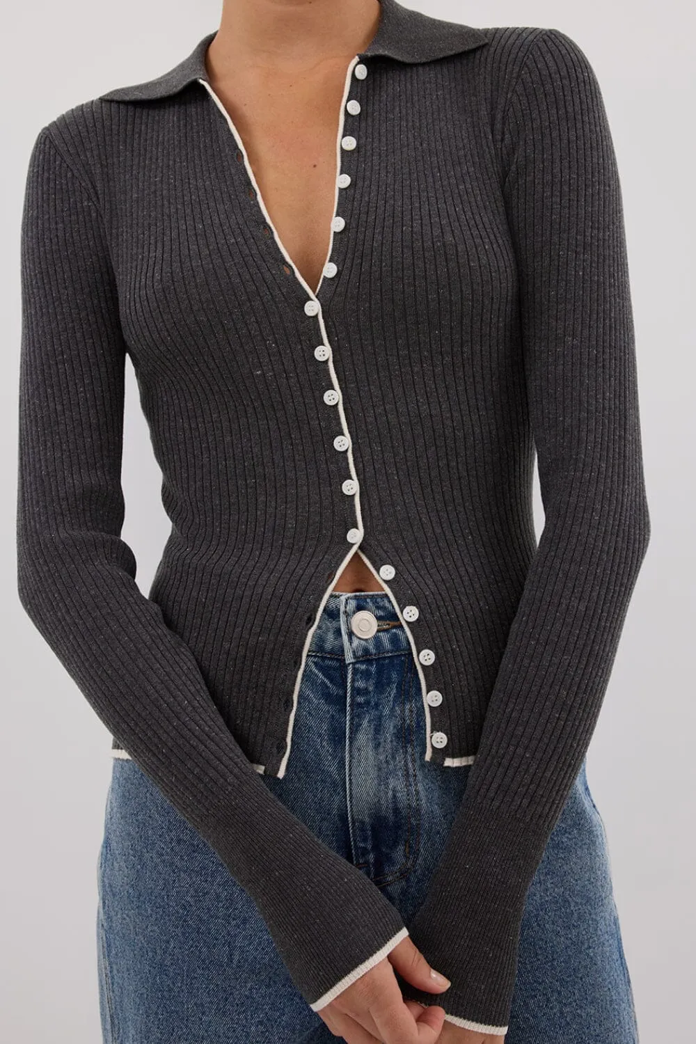 LEONIE CHARCOAL MARLE POLO KNIT TOP