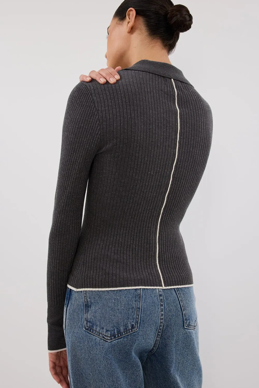 LEONIE CHARCOAL MARLE POLO KNIT TOP