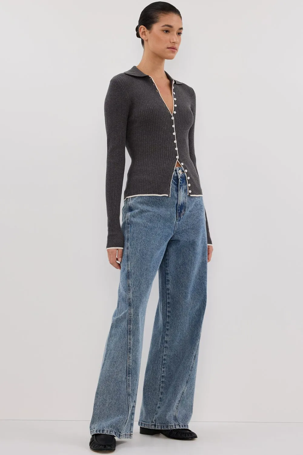 LEONIE CHARCOAL MARLE POLO KNIT TOP