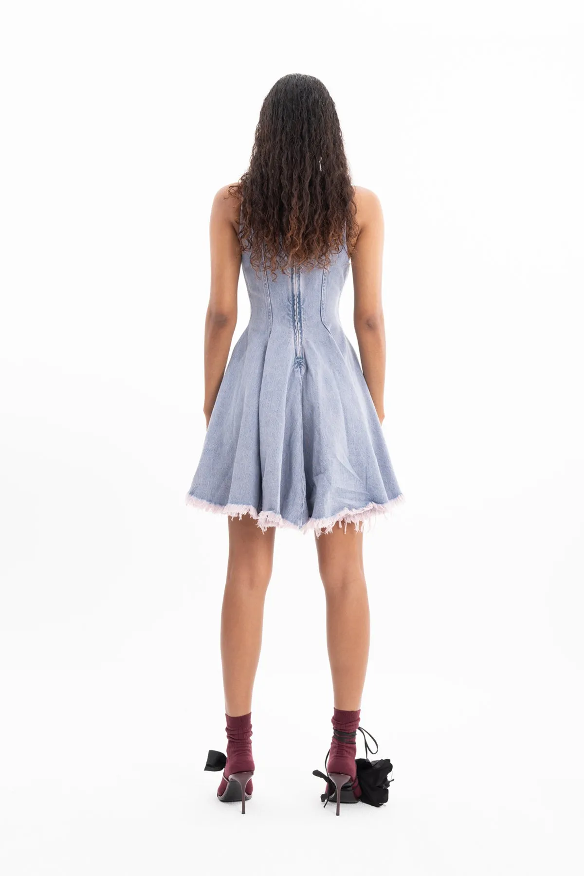 LILAC OVERDYE DENIM RACER SHAPE FLOUNCE MINI DRESS