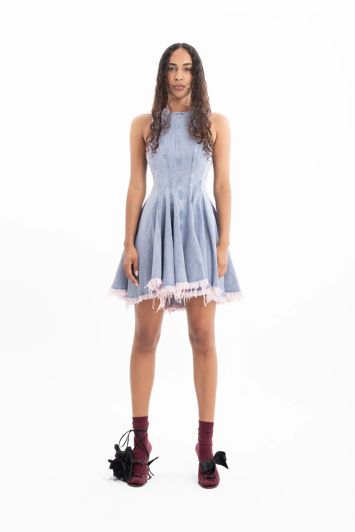 LILAC OVERDYE DENIM RACER SHAPE FLOUNCE MINI DRESS