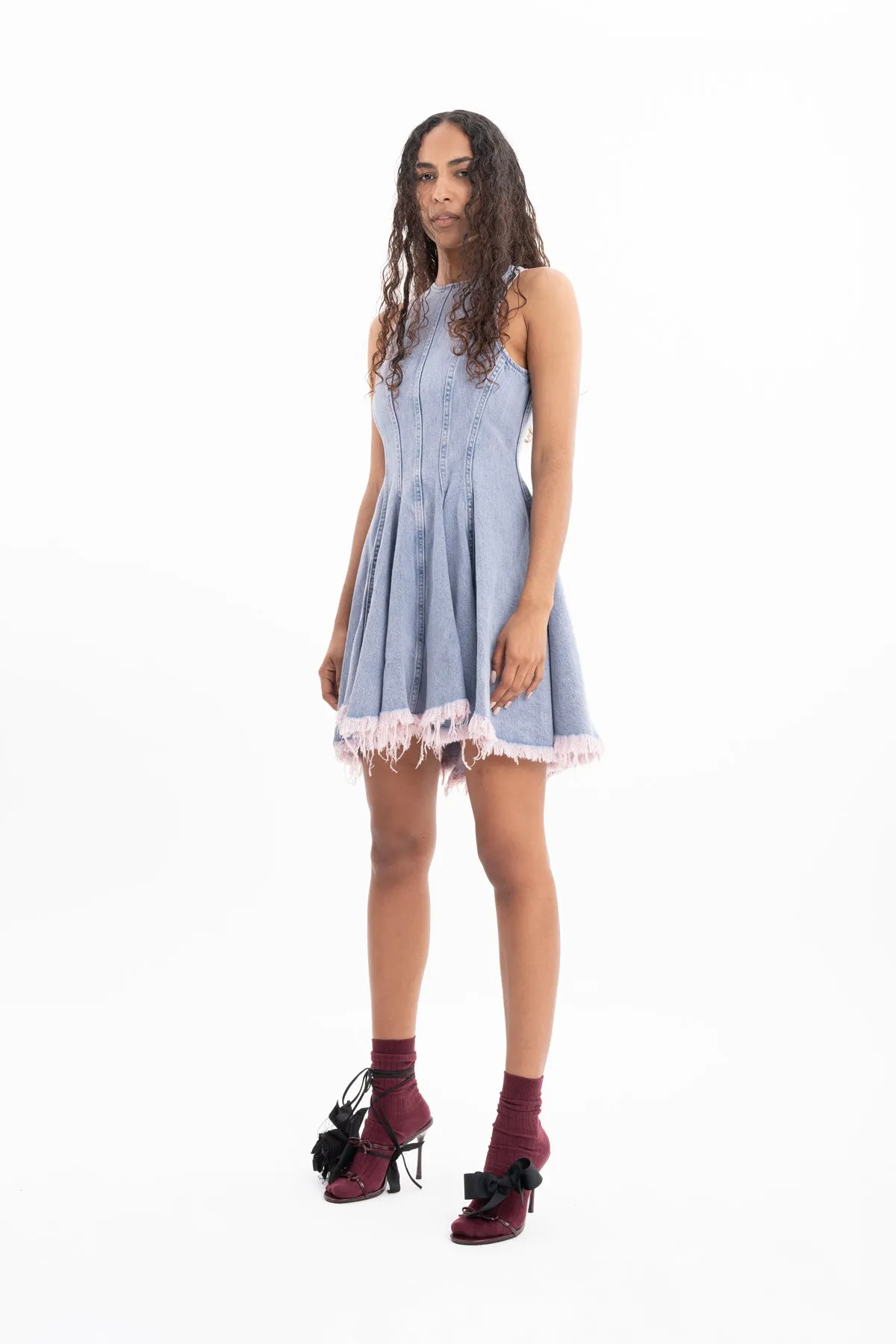 LILAC OVERDYE DENIM RACER SHAPE FLOUNCE MINI DRESS
