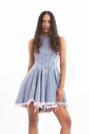 LILAC OVERDYE DENIM RACER SHAPE FLOUNCE MINI DRESS