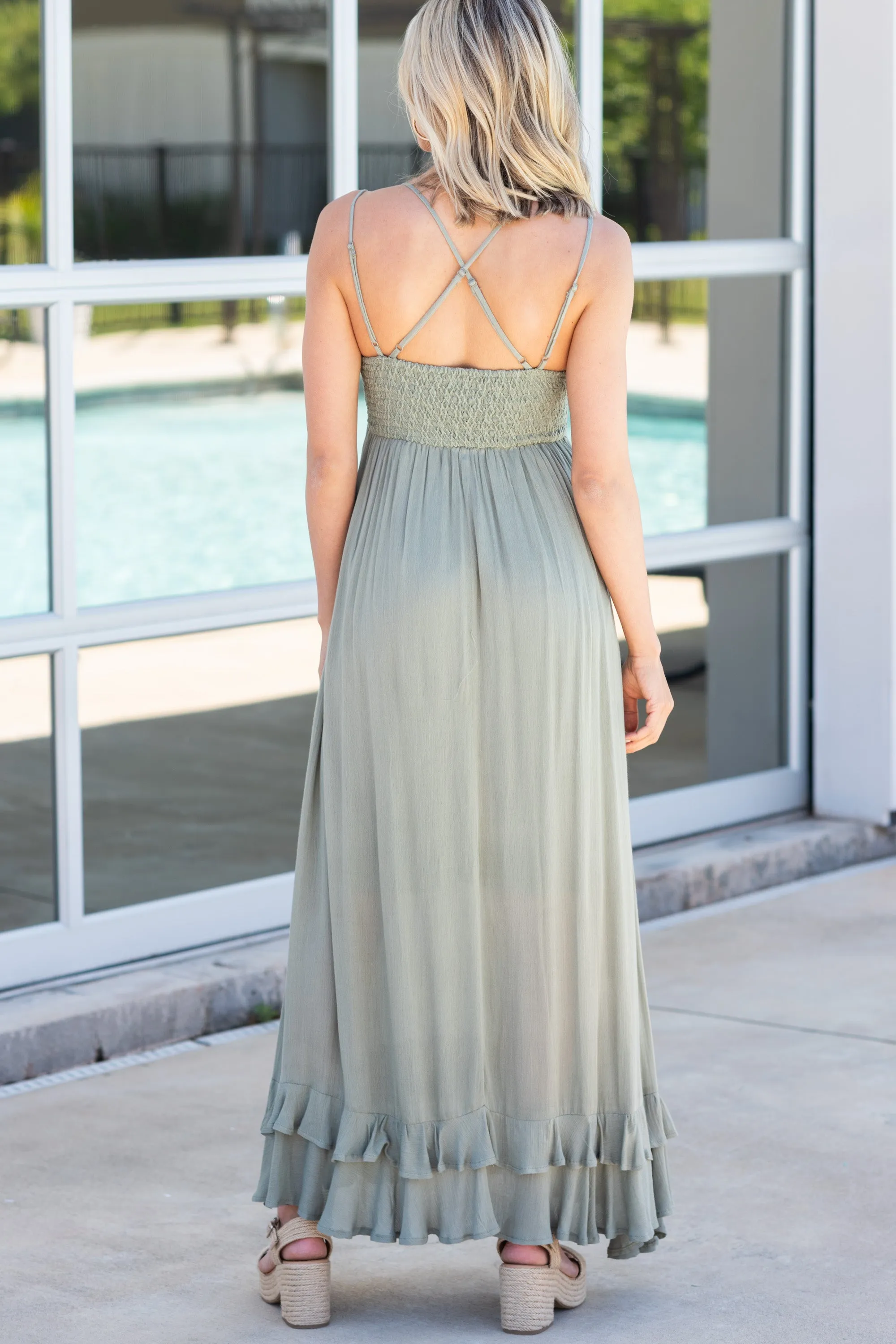 Lock Eyes Olive Green Crochet Maxi Dress